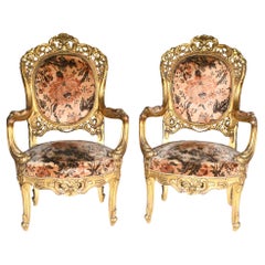 Used Pair French Salon Chairs Art Nouveau Gilt Fauteuils