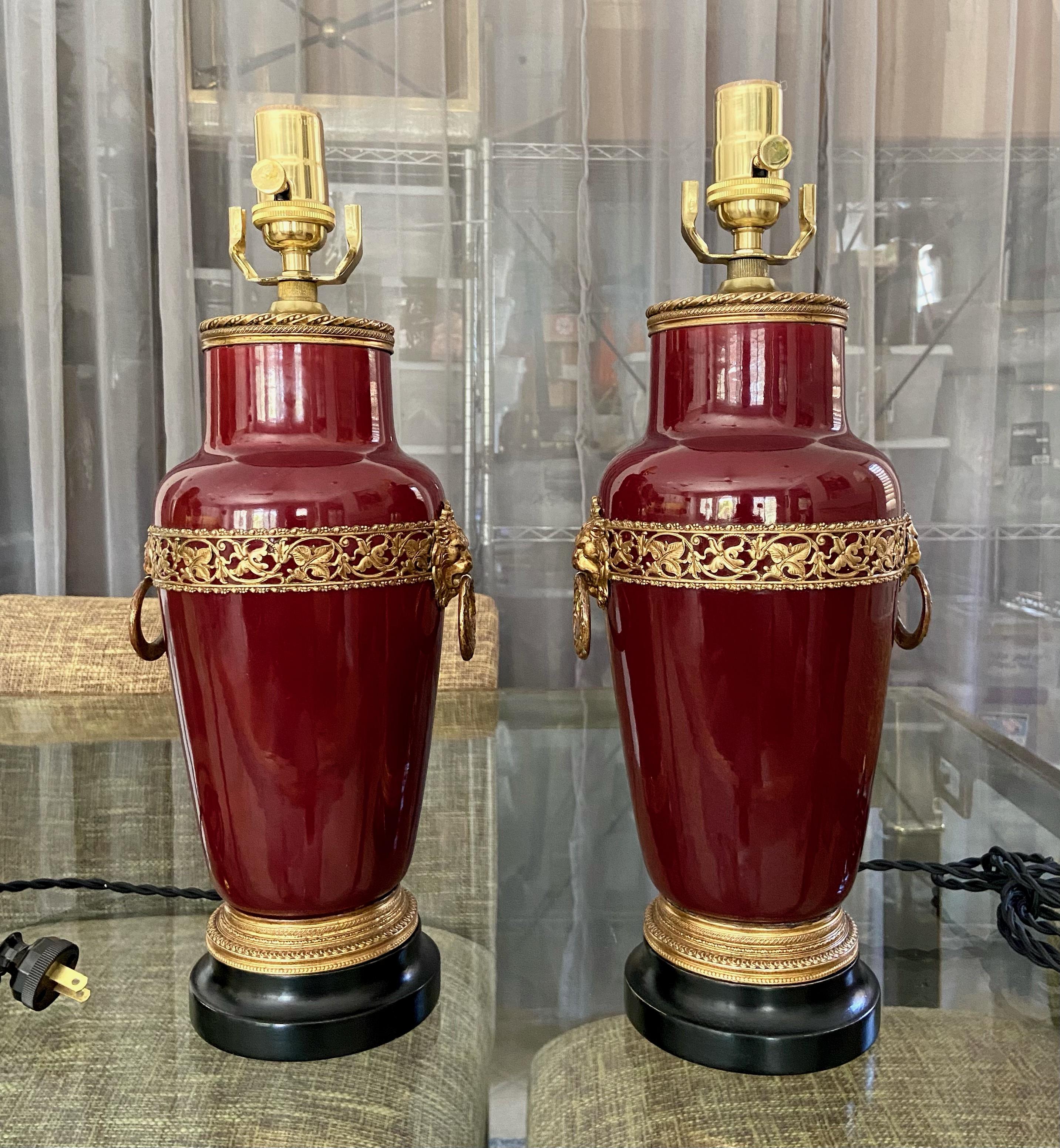 Pair Oxblood Sang De Boeuf Ormolu Porcelain Table Lamps In Good Condition In Palm Springs, CA
