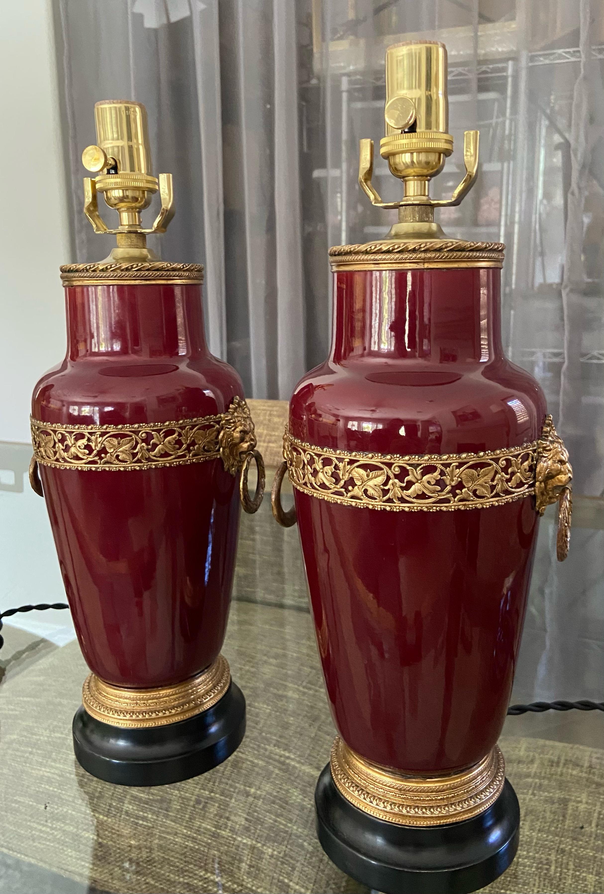 20th Century Pair Oxblood Sang De Boeuf Ormolu Porcelain Table Lamps