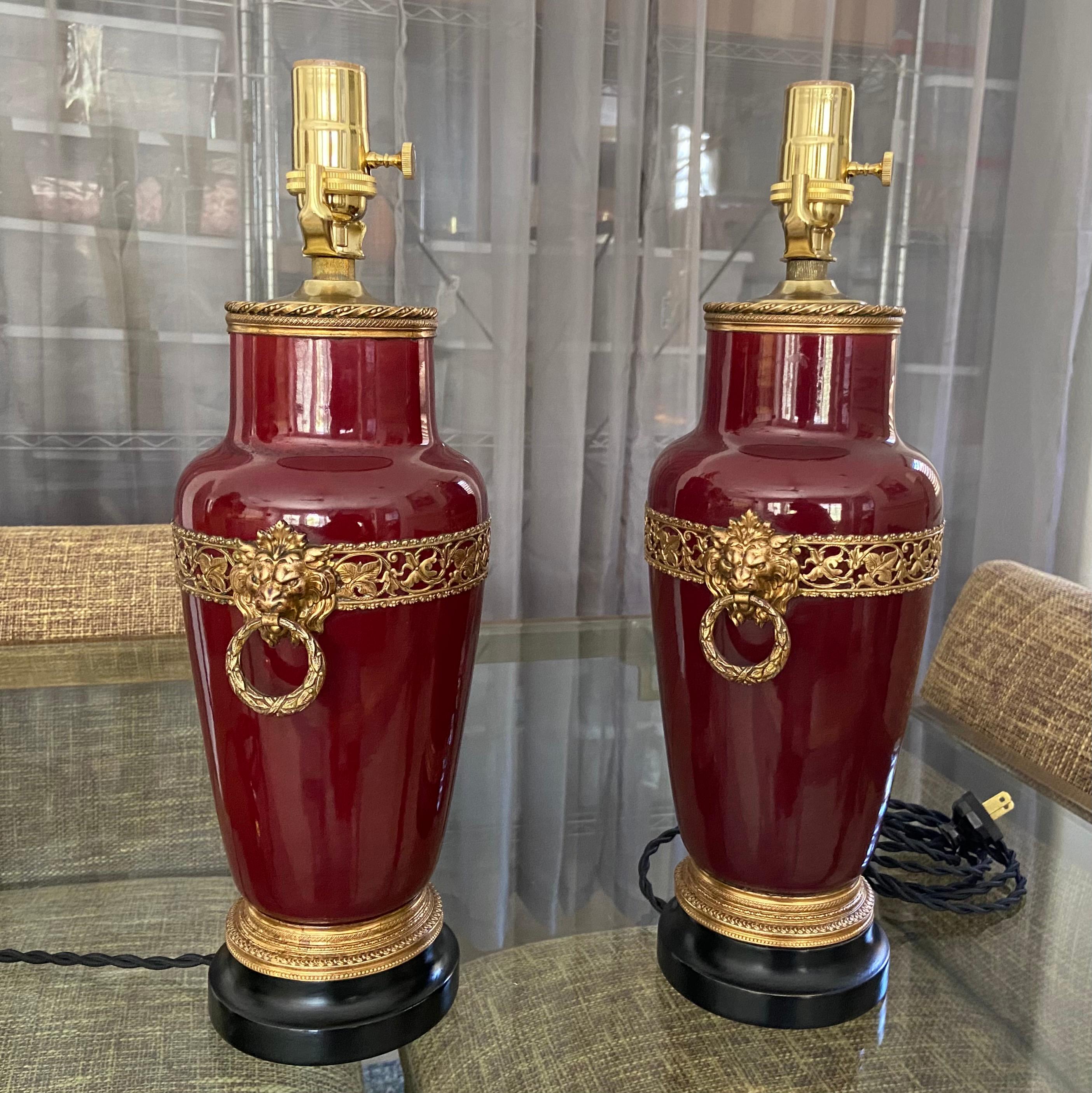 Pair Oxblood Sang De Boeuf Ormolu Porcelain Table Lamps 2