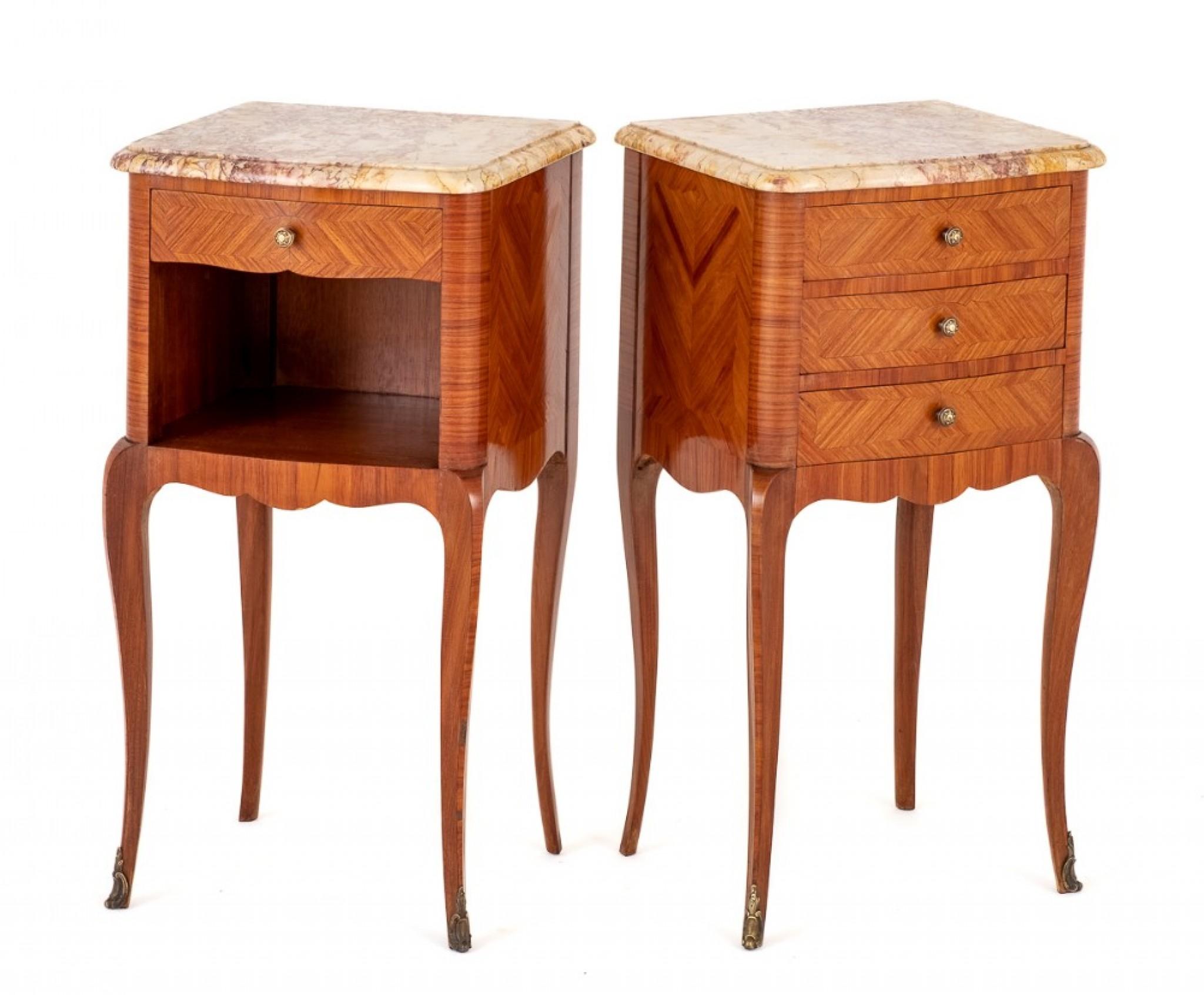 Pair French Satinwood Nightstands Antique Bedside Chests 1