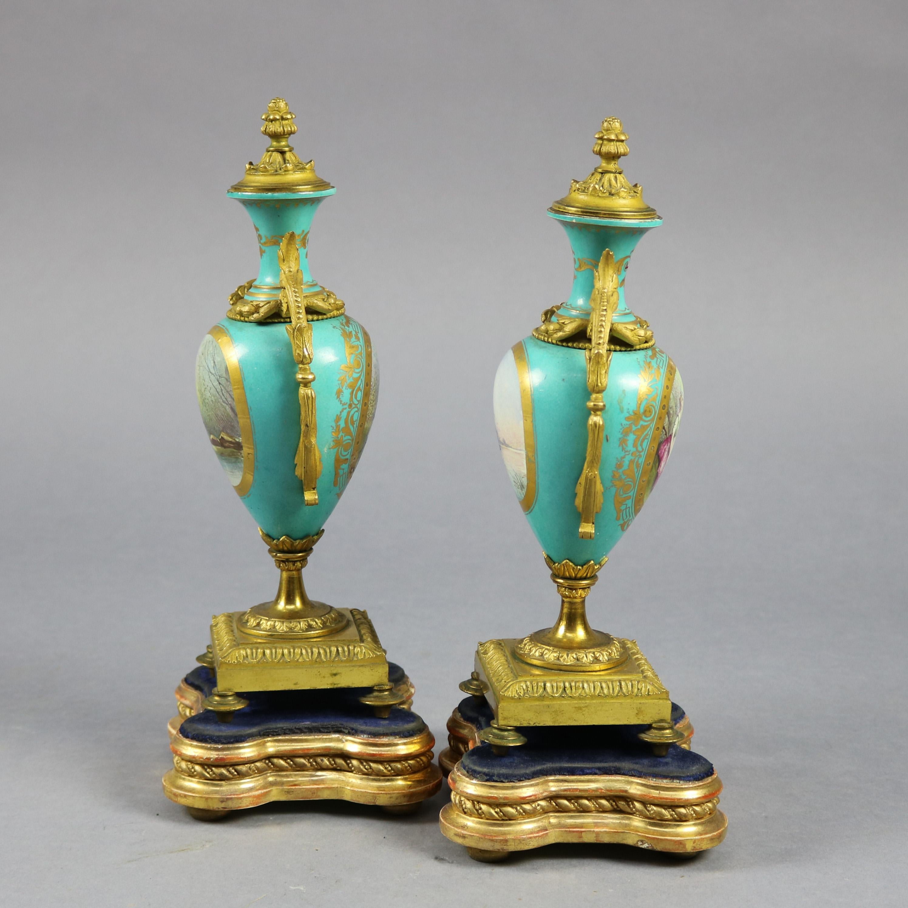 Pair of French Sevres Hand Painted & Gilt Porcelain & Bronze Pictorial Urns 4