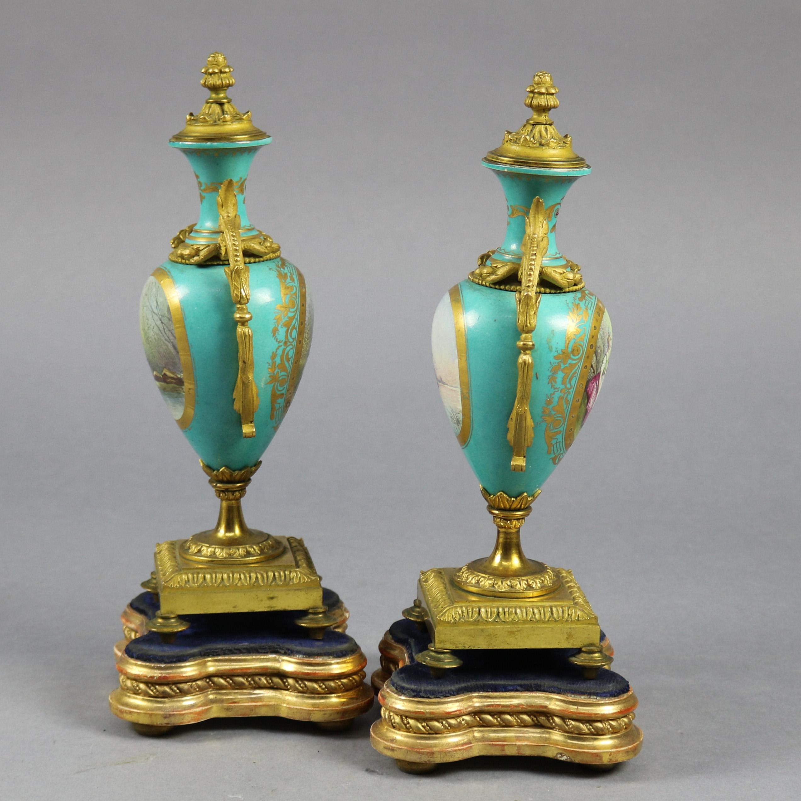 Pair of French Sevres Hand Painted & Gilt Porcelain & Bronze Pictorial Urns 5