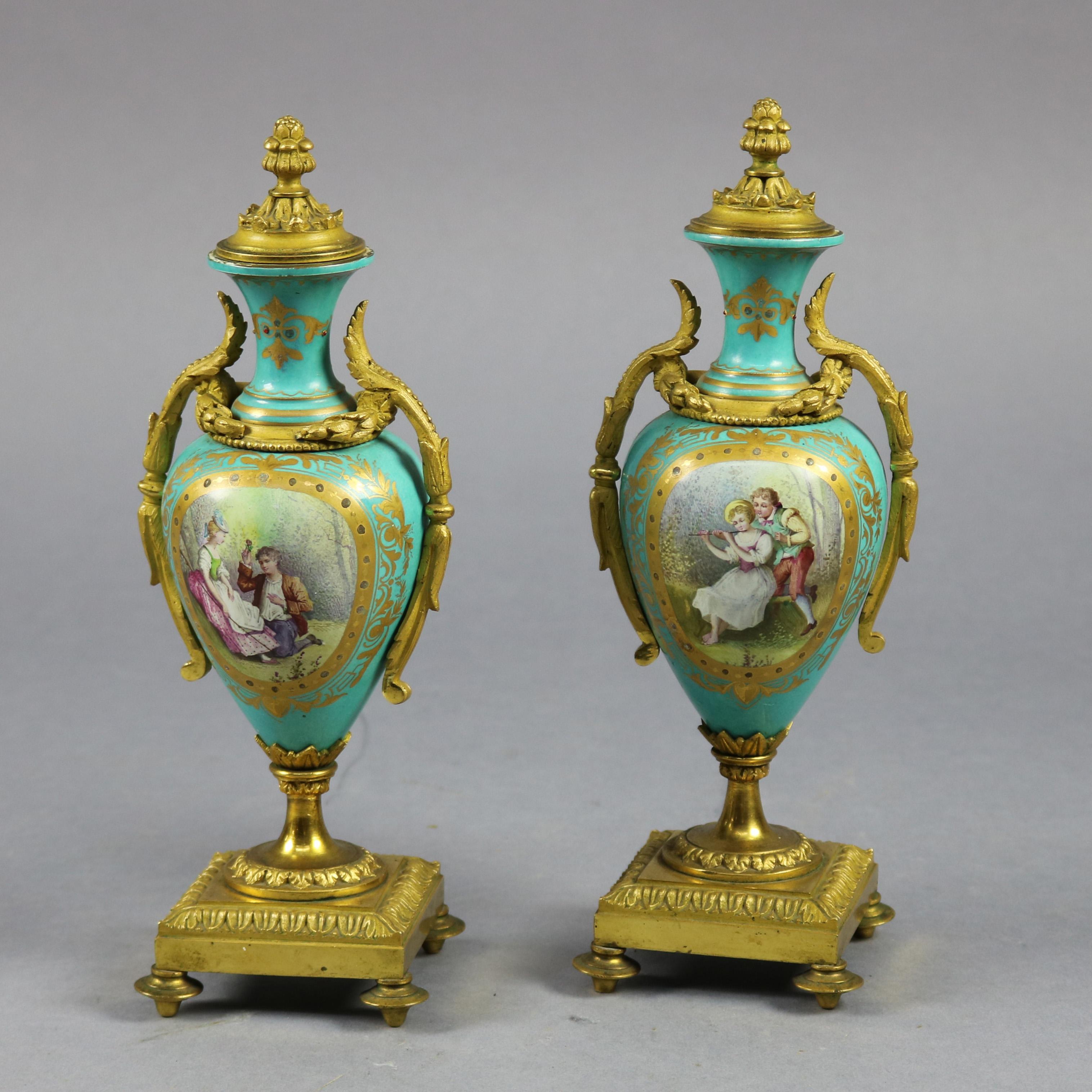 Pair of French Sevres Hand Painted & Gilt Porcelain & Bronze Pictorial Urns 7