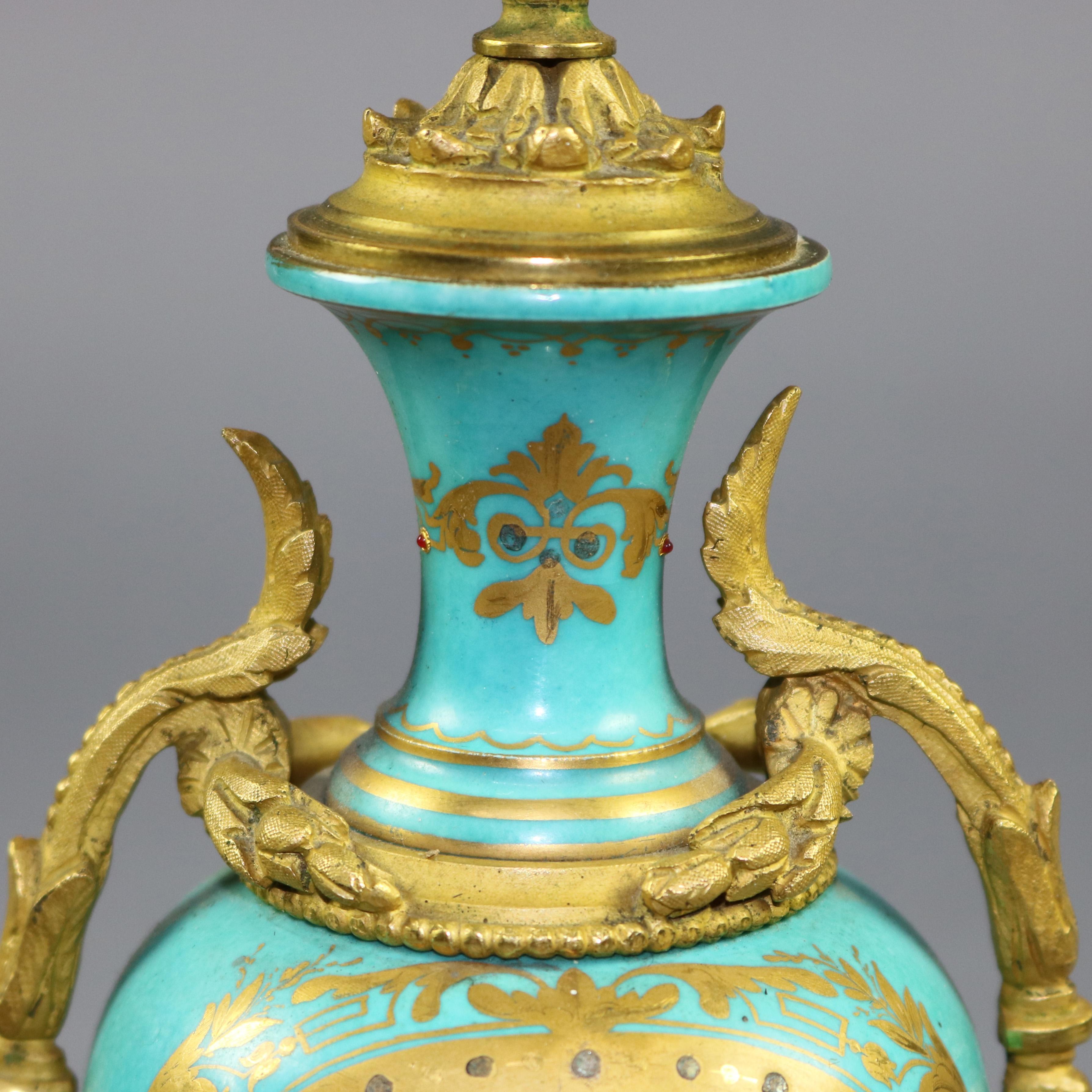 Pair of French Sevres Hand Painted & Gilt Porcelain & Bronze Pictorial Urns 12
