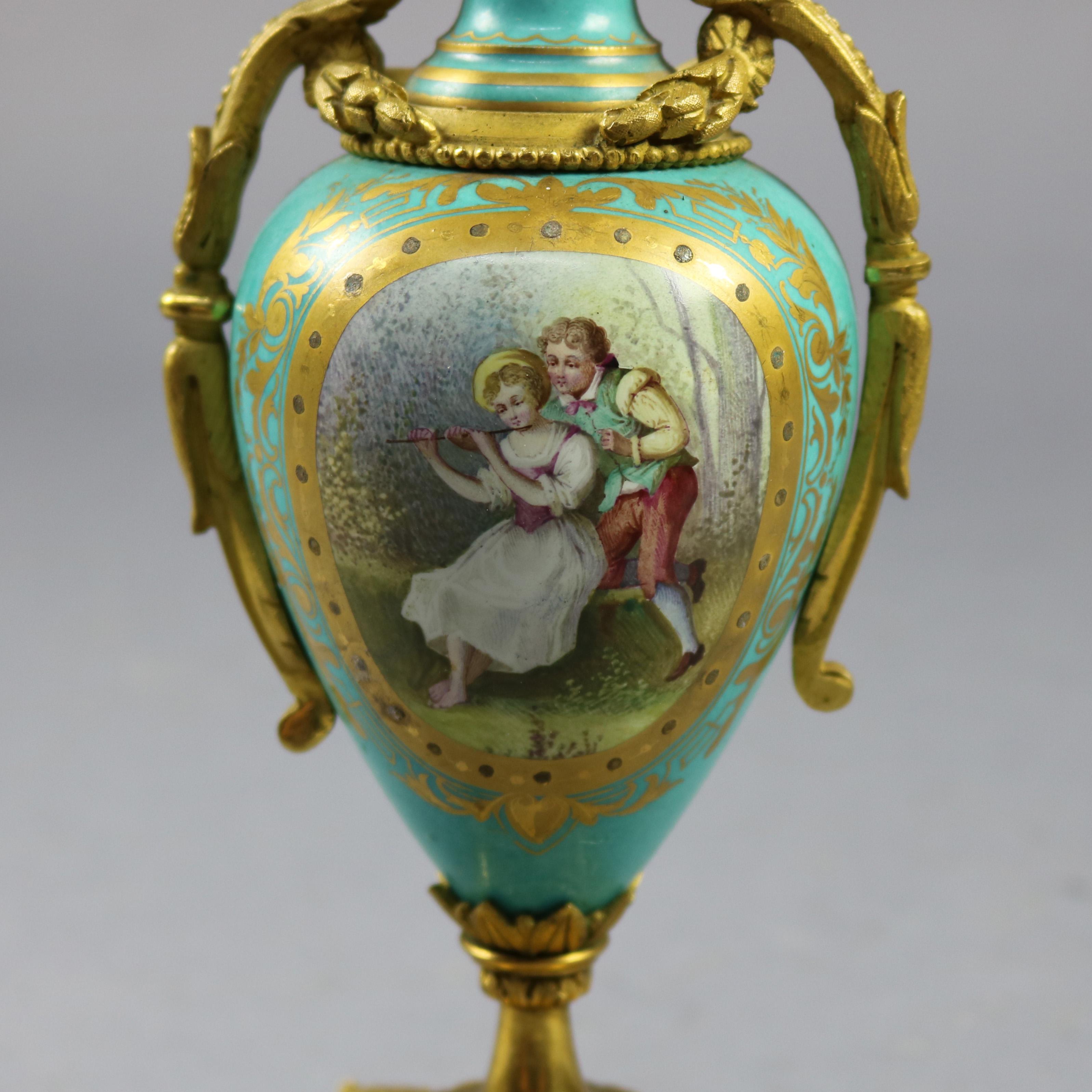 Cast Pair of French Sevres Hand Painted & Gilt Porcelain & Bronze Pictorial Urns