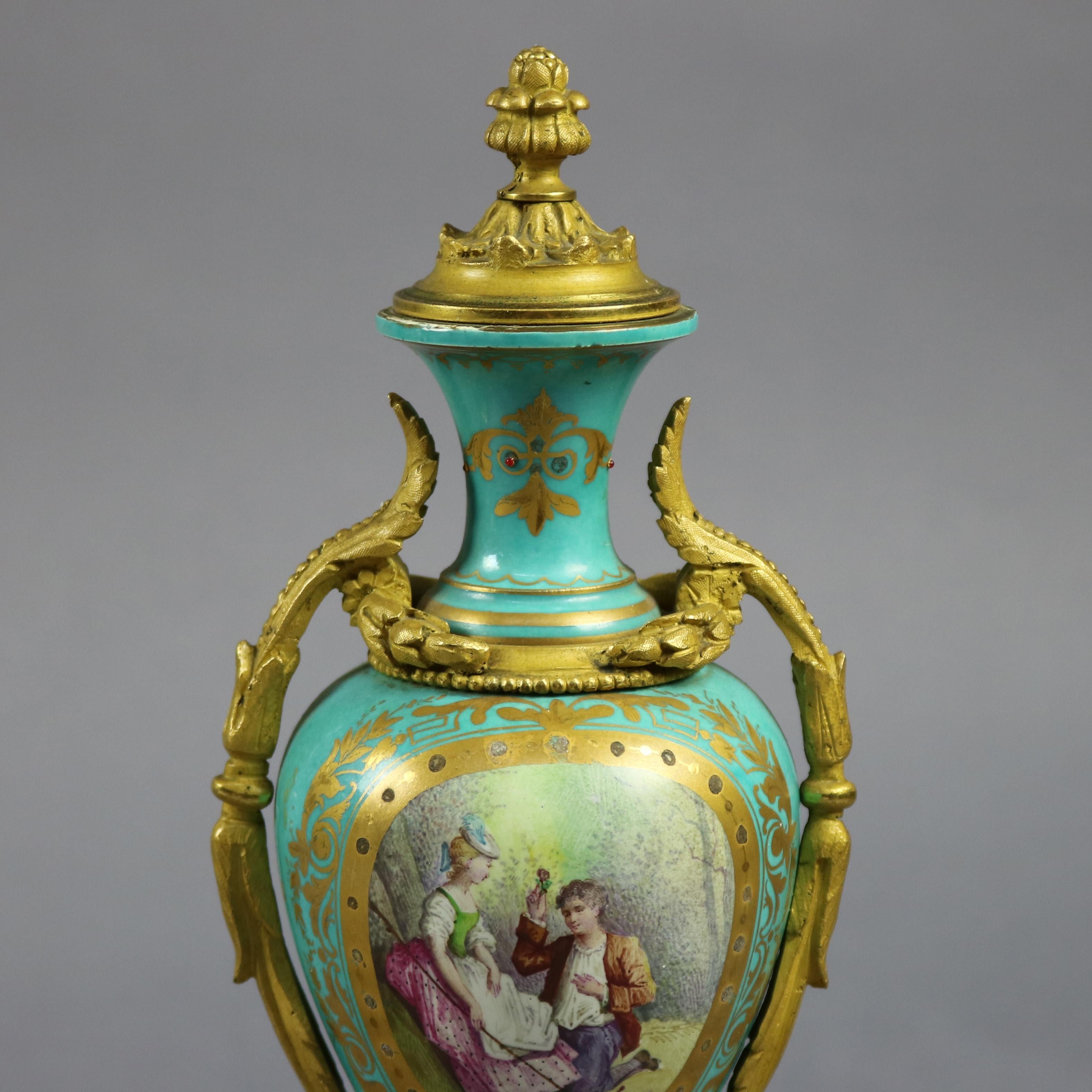 Pair of French Sevres Hand Painted & Gilt Porcelain & Bronze Pictorial Urns In Good Condition In Big Flats, NY