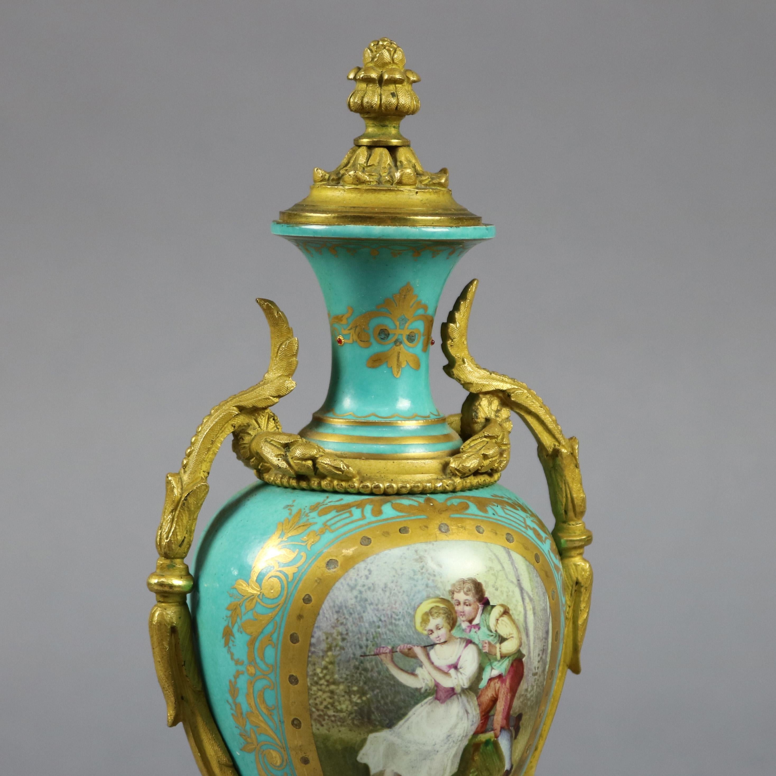 19th Century Pair of French Sevres Hand Painted & Gilt Porcelain & Bronze Pictorial Urns