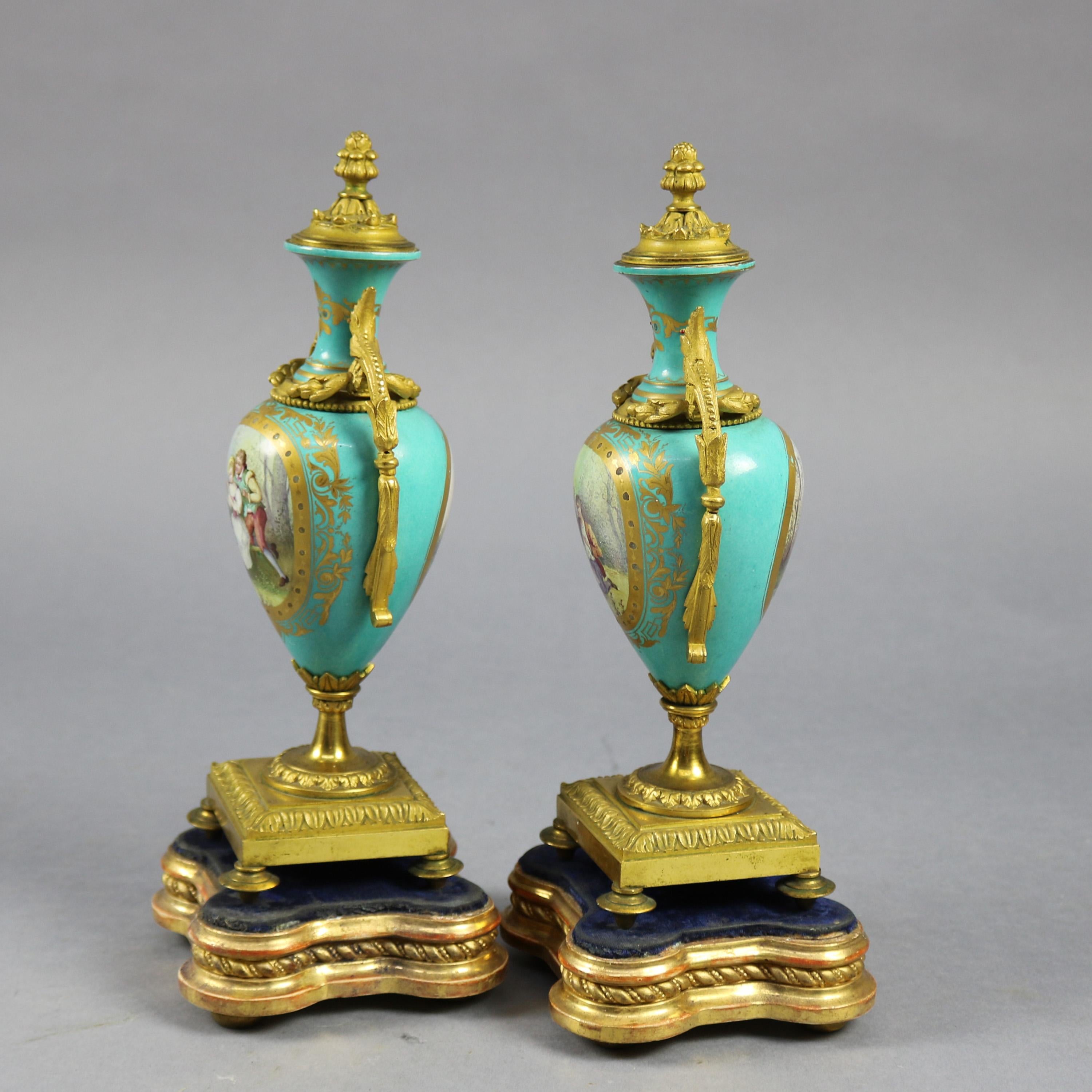 Pair of French Sevres Hand Painted & Gilt Porcelain & Bronze Pictorial Urns 1