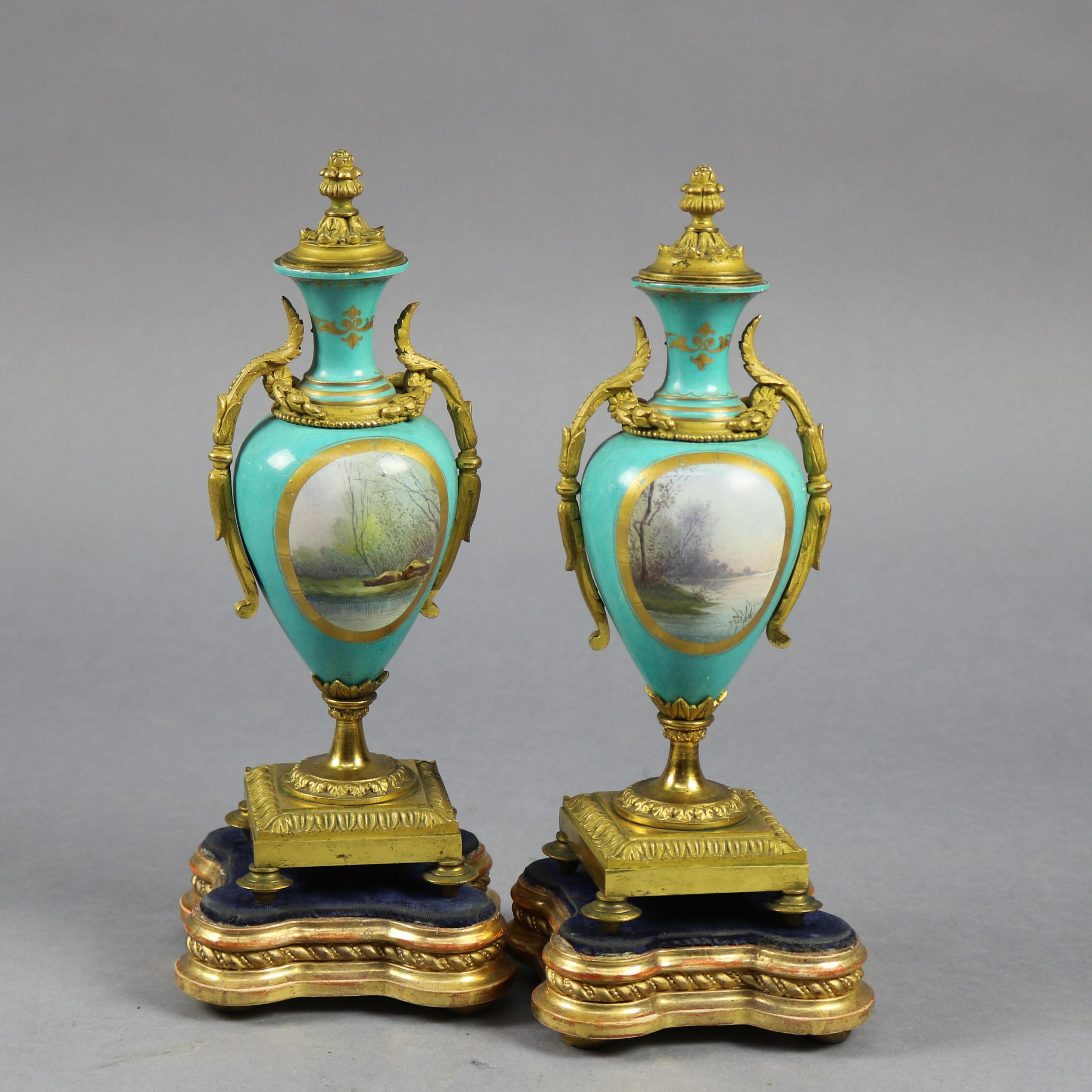 Pair of French Sevres Hand Painted & Gilt Porcelain & Bronze Pictorial Urns 2