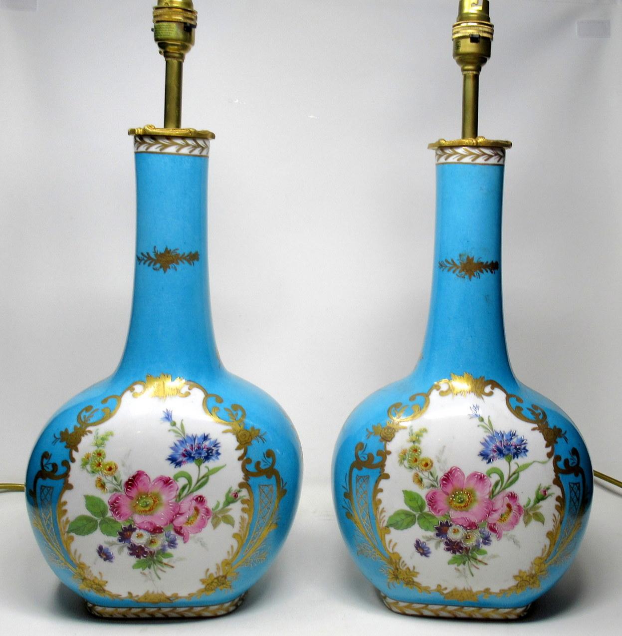Pair French Sevres Limoges Style Celeste Blue Porcelain Ormolu Mounted Lamps In Good Condition In Dublin, Ireland