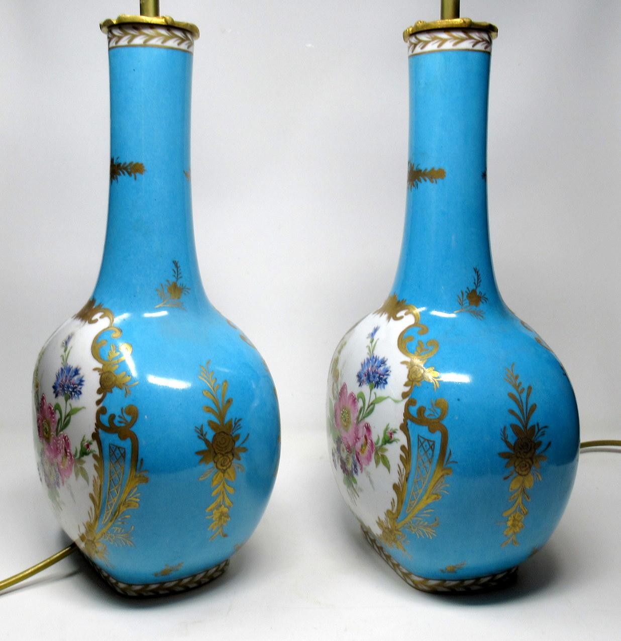 Pair French Sevres Limoges Style Celeste Blue Porcelain Ormolu Mounted Lamps 1