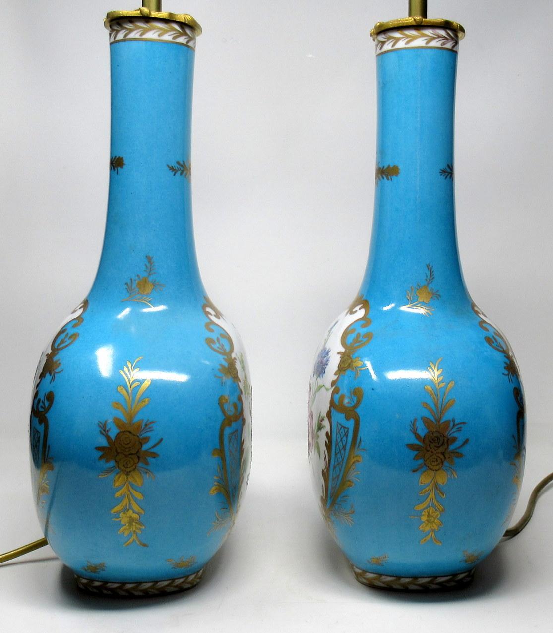 Pair French Sevres Limoges Style Celeste Blue Porcelain Ormolu Mounted Lamps 2