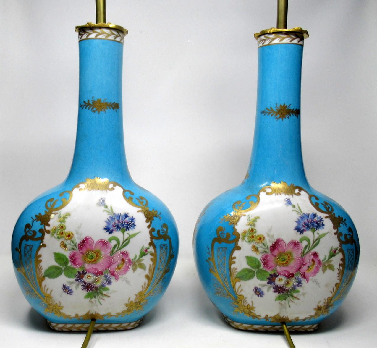 Pair French Sevres Limoges Style Celeste Blue Porcelain Ormolu Mounted Lamps 3