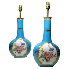 Antique Pair French Sevres Limoges Style Celeste Blue Porcelain Ormolu Mounted Lamps