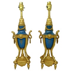 Pair of French Sèvres Porcelain Portrait Celeste Blue Ormolu Gilt Table Lamps