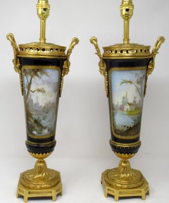 Sèvres Porcelain Watteau Scene Ormolu Cobalt Blue Table Lamps 19th Century, Pair