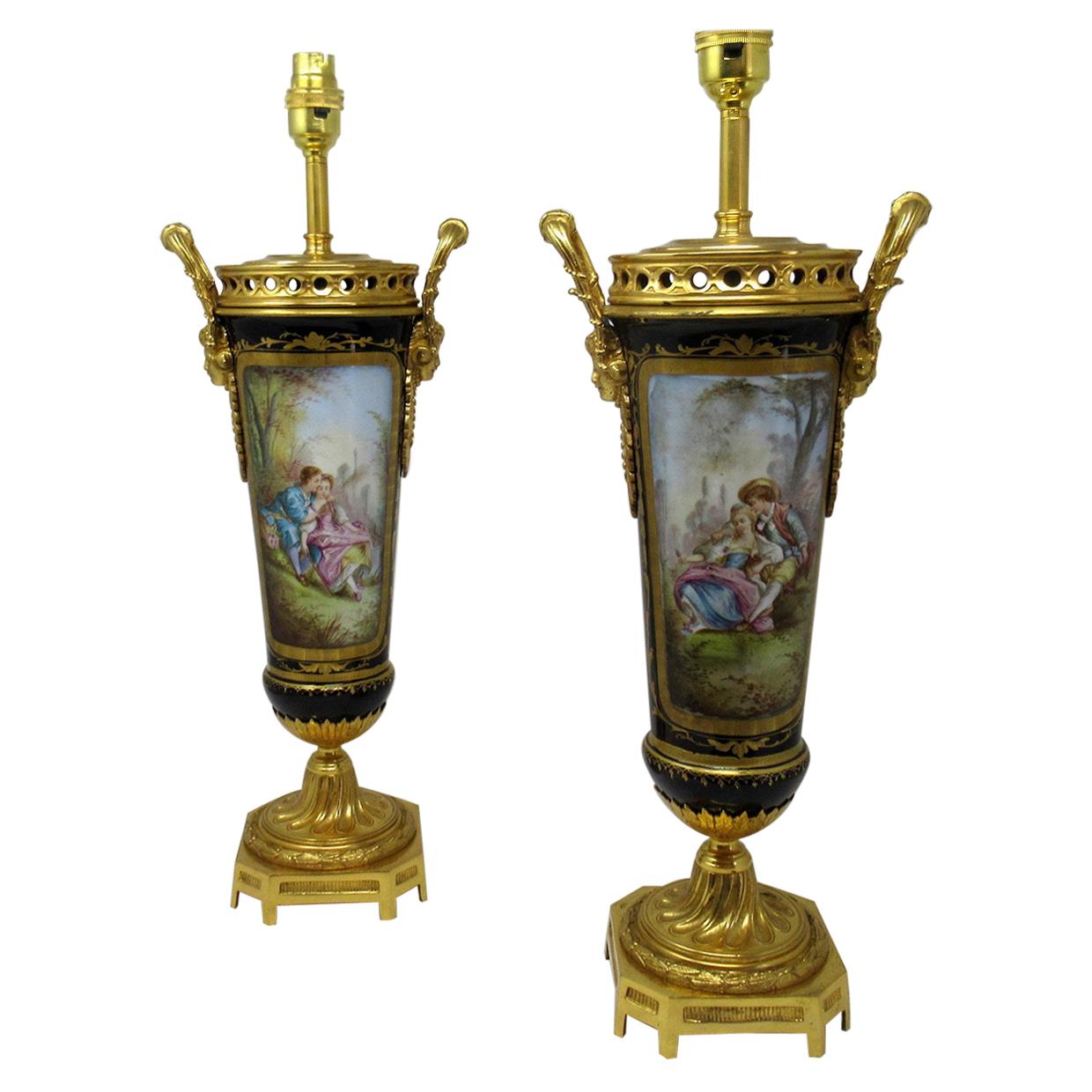 Sèvres Porcelain Watteau Scene Ormolu Cobalt Blue Table Lamps 19th Century, Pair
