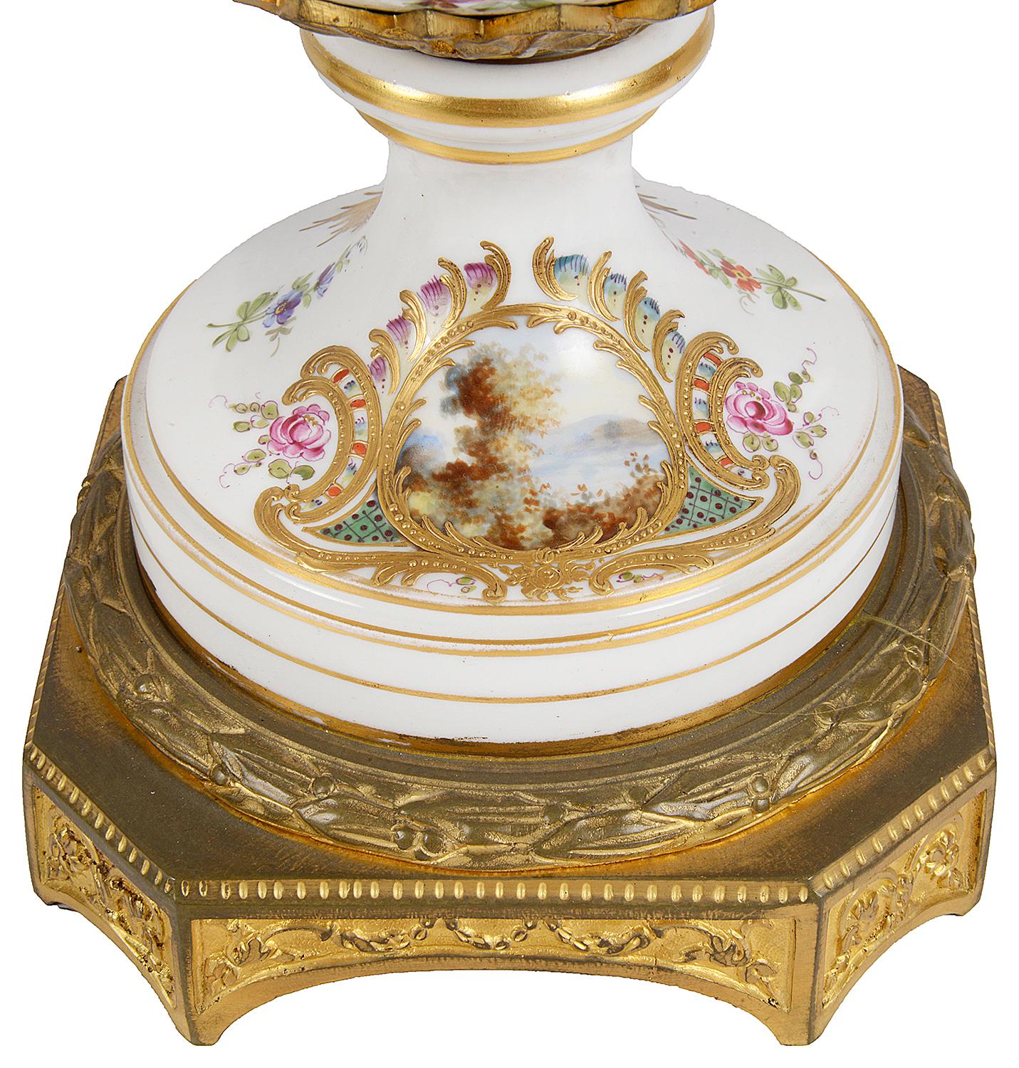 Hand-Painted Pair of French Sevres Style Porcelain Lidded Vases, 19th Century For Sale