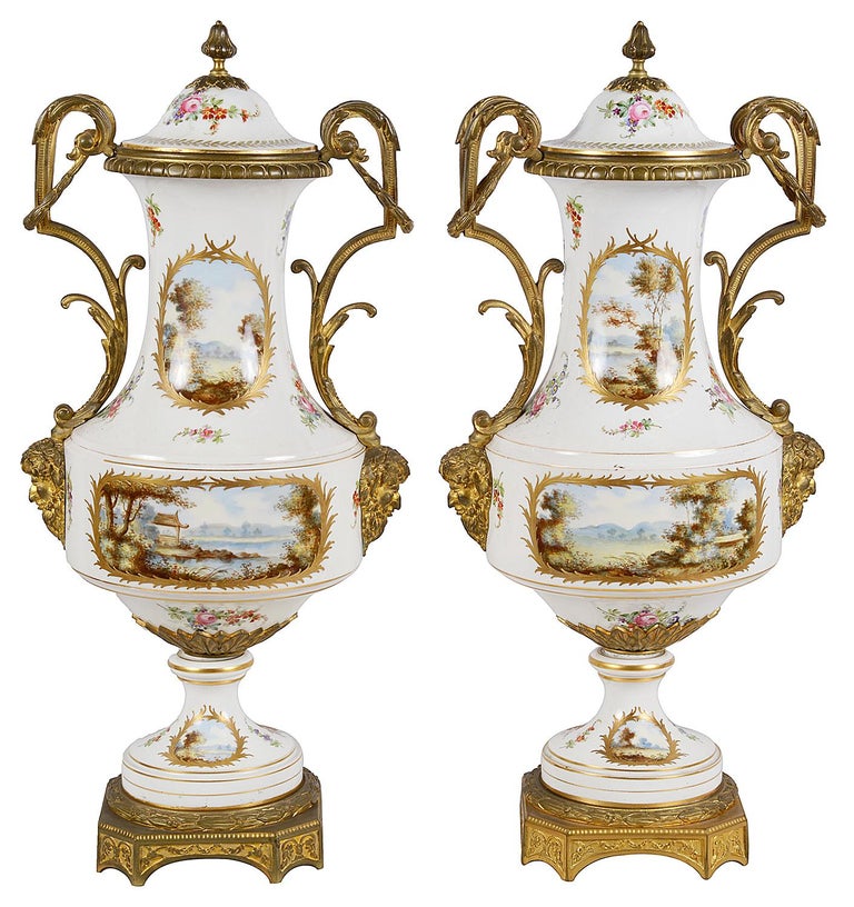 Pair of French Sevres Style Porcelain Lidded Vases, 19th Century For