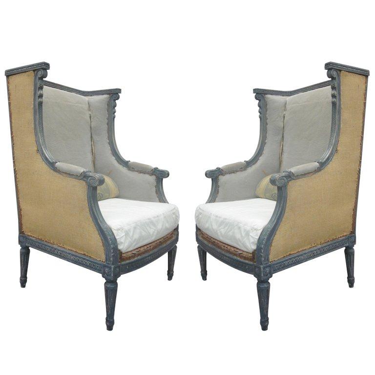 Pair French Shabby Chic, Louis XVI Wingback Lounge Chairs Attr. Maison Jansen