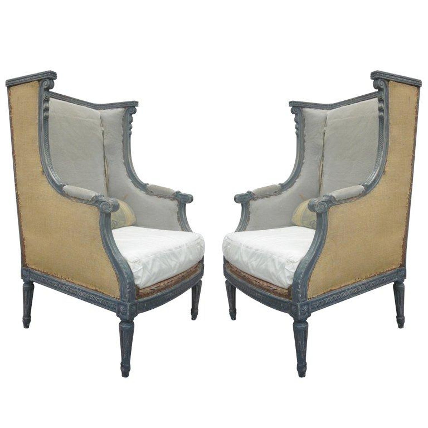 Pair French Shabby Chic Louis Xvi Wingback Lounge Chairs Attr