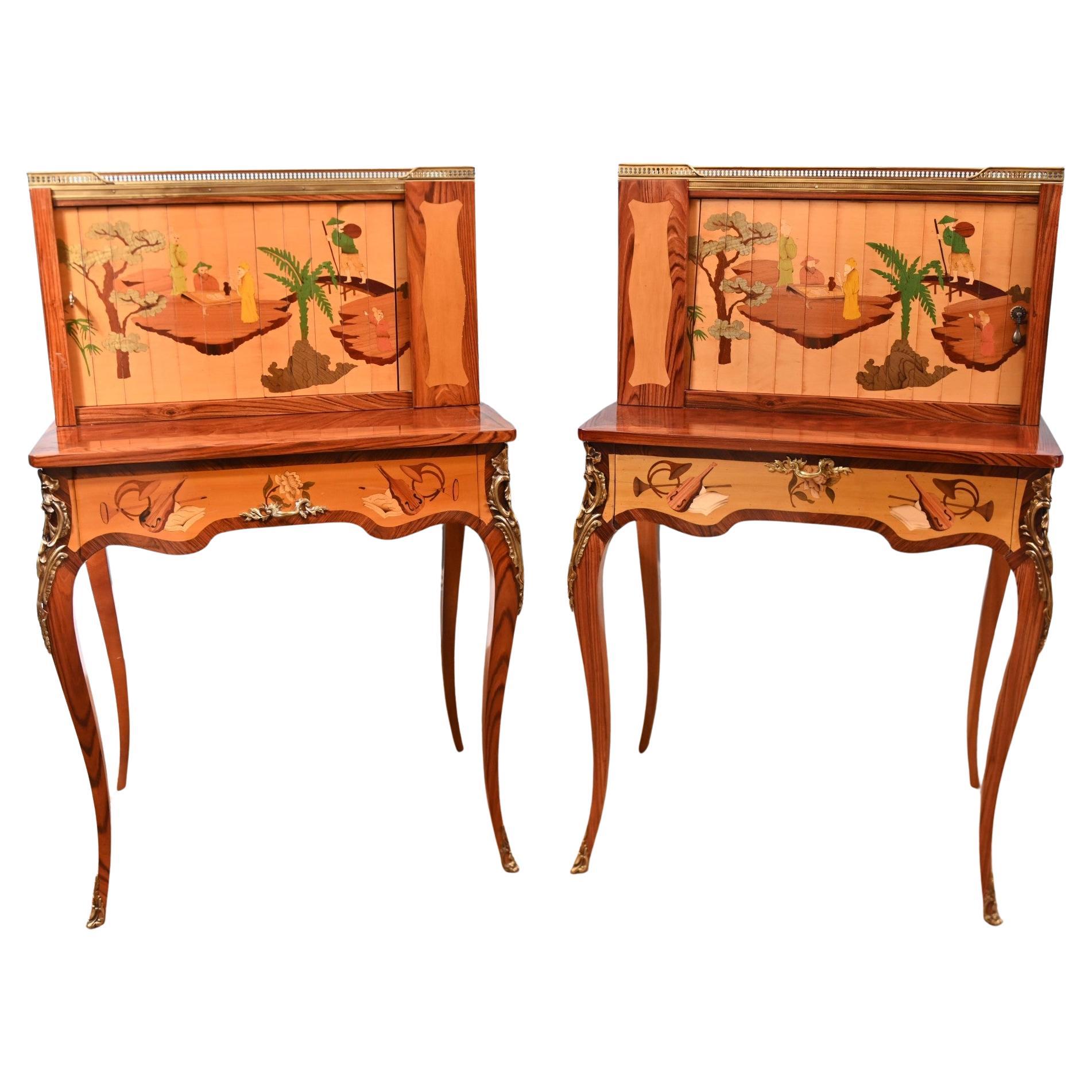 Pair French Side Cabinets Parisian Marquetry Inlay Ebeniste