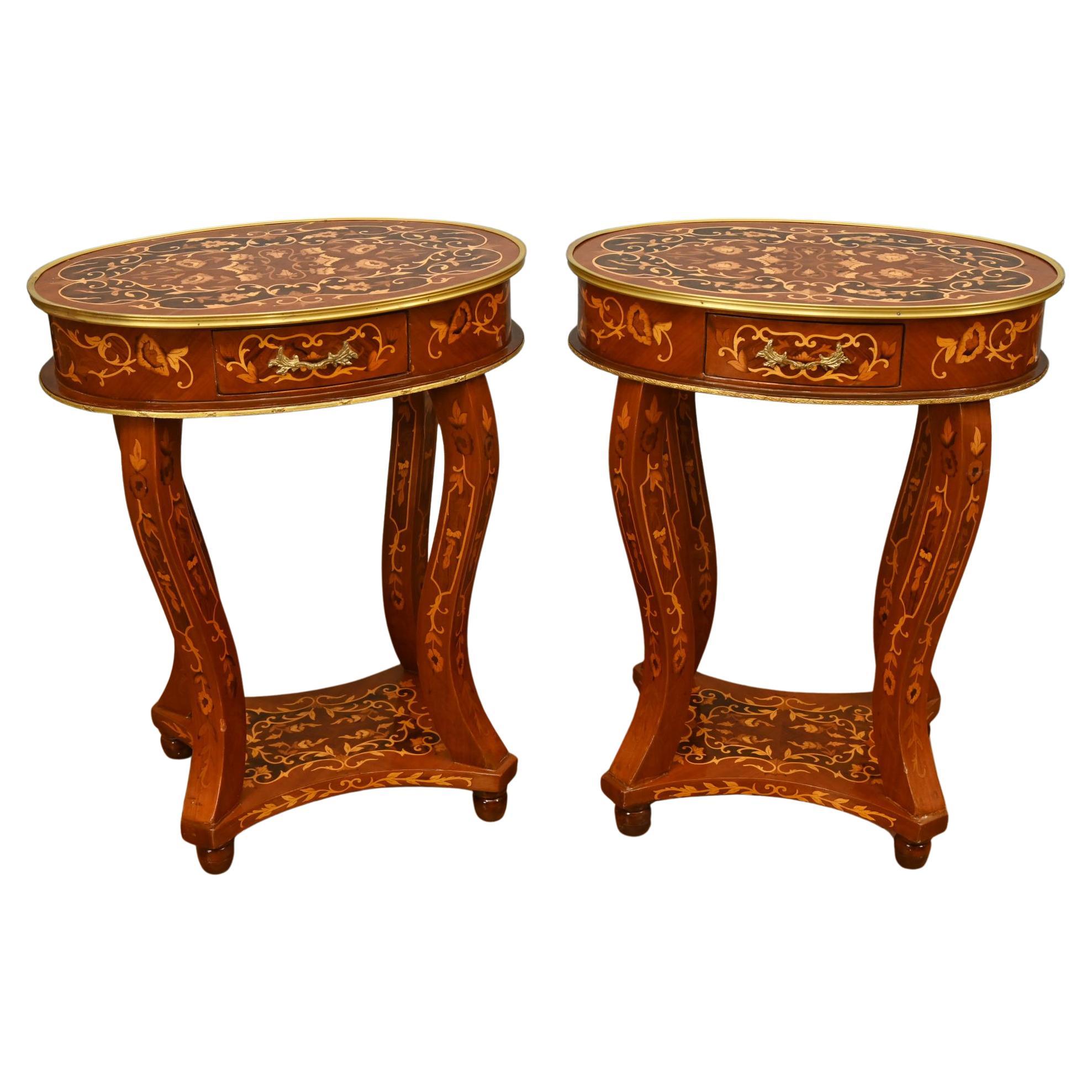 Pair French Side Tables Inlay Louis XV Revival