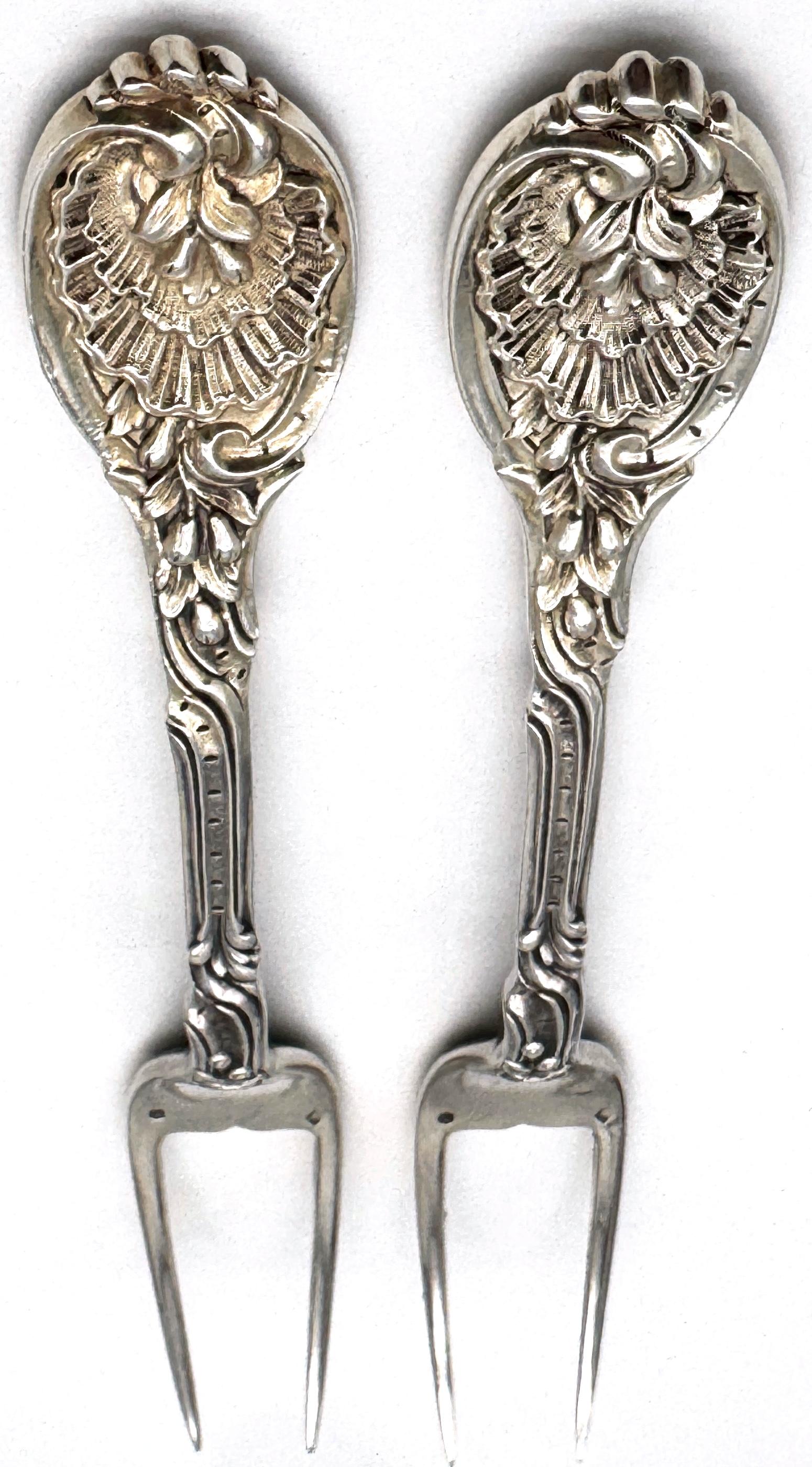 Pair French Silver Odiot Serving Forks, Roasted Meat, Baked Potato, Artichokes For Sale 3