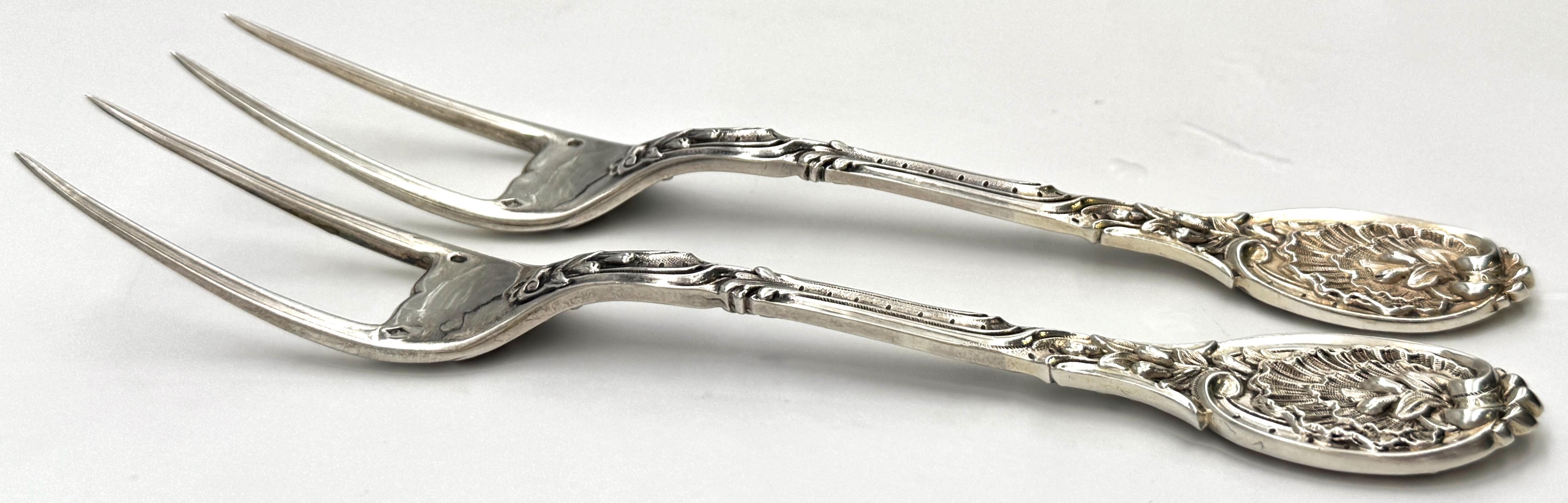 Pair French Silver Odiot Serving Forks, Roasted Meat, Baked Potato, Artichokes For Sale 4
