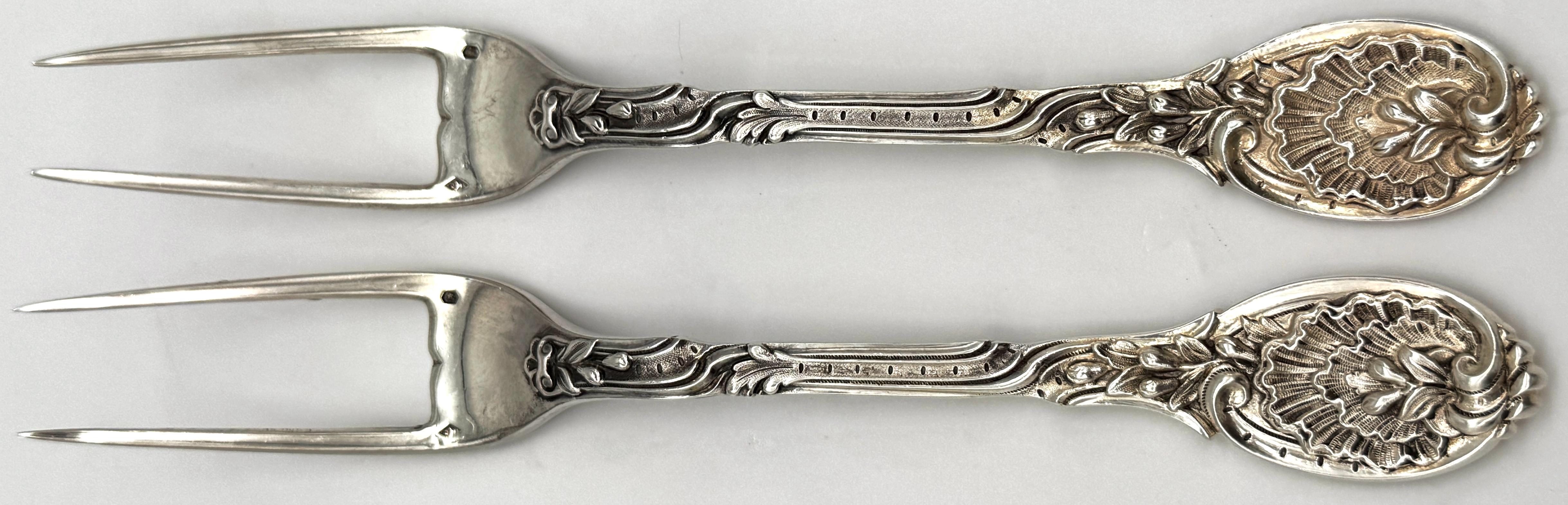 Pair French Silver Odiot Serving Forks, Roasted Meat, Baked Potato, Artichokes For Sale 5