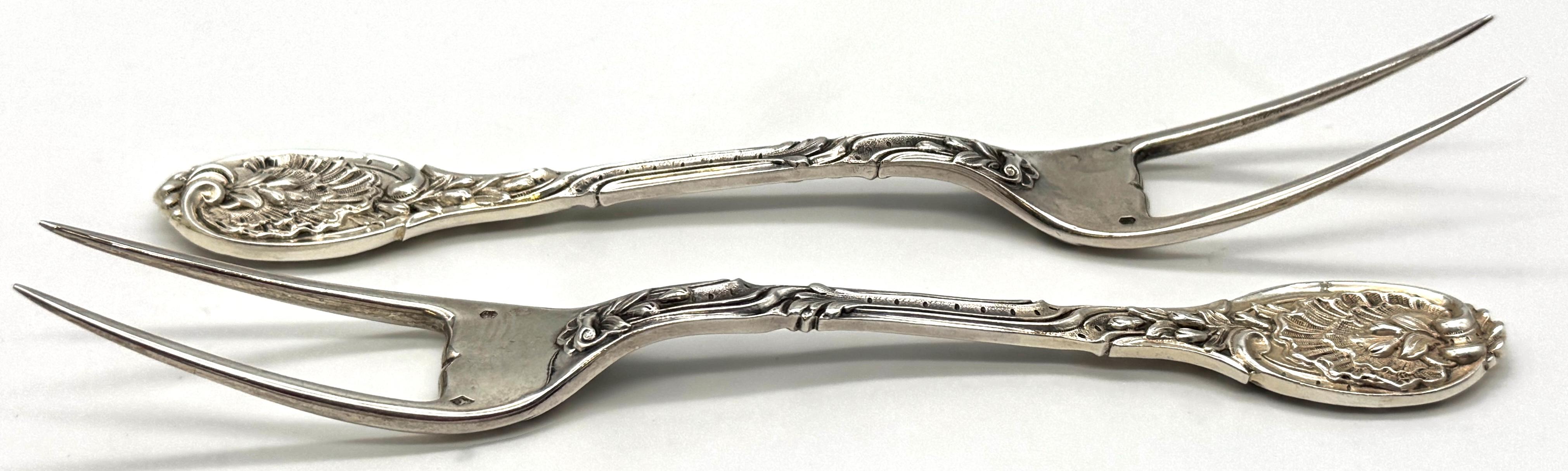 Pair French Silver Odiot Serving Forks, Roasted Meat, Baked Potato, Artichokes For Sale 6