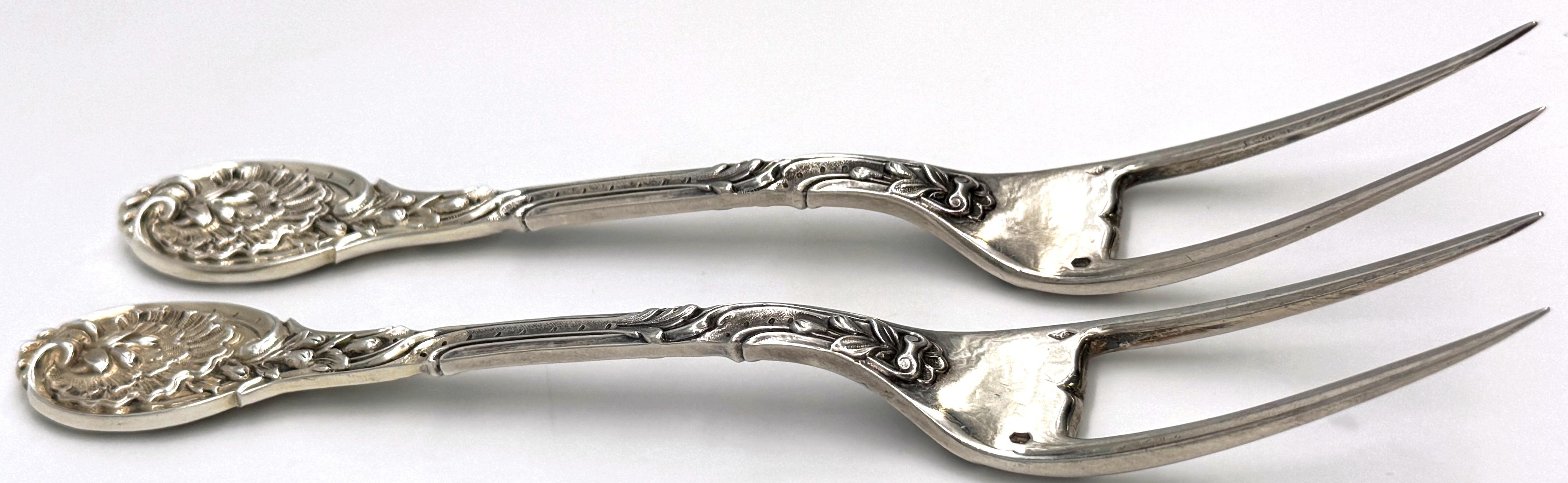 Neoclassical Pair French Silver Odiot Serving Forks, Roasted Meat, Baked Potato, Artichokes For Sale