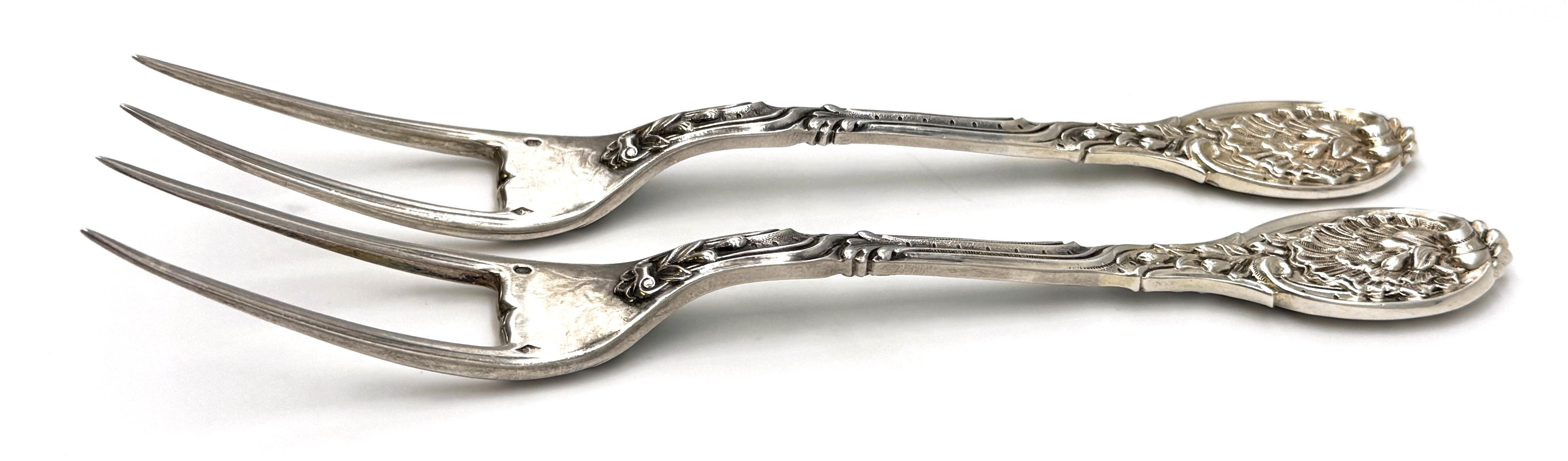 Cast Pair French Silver Odiot Serving Forks, Roasted Meat, Baked Potato, Artichokes For Sale