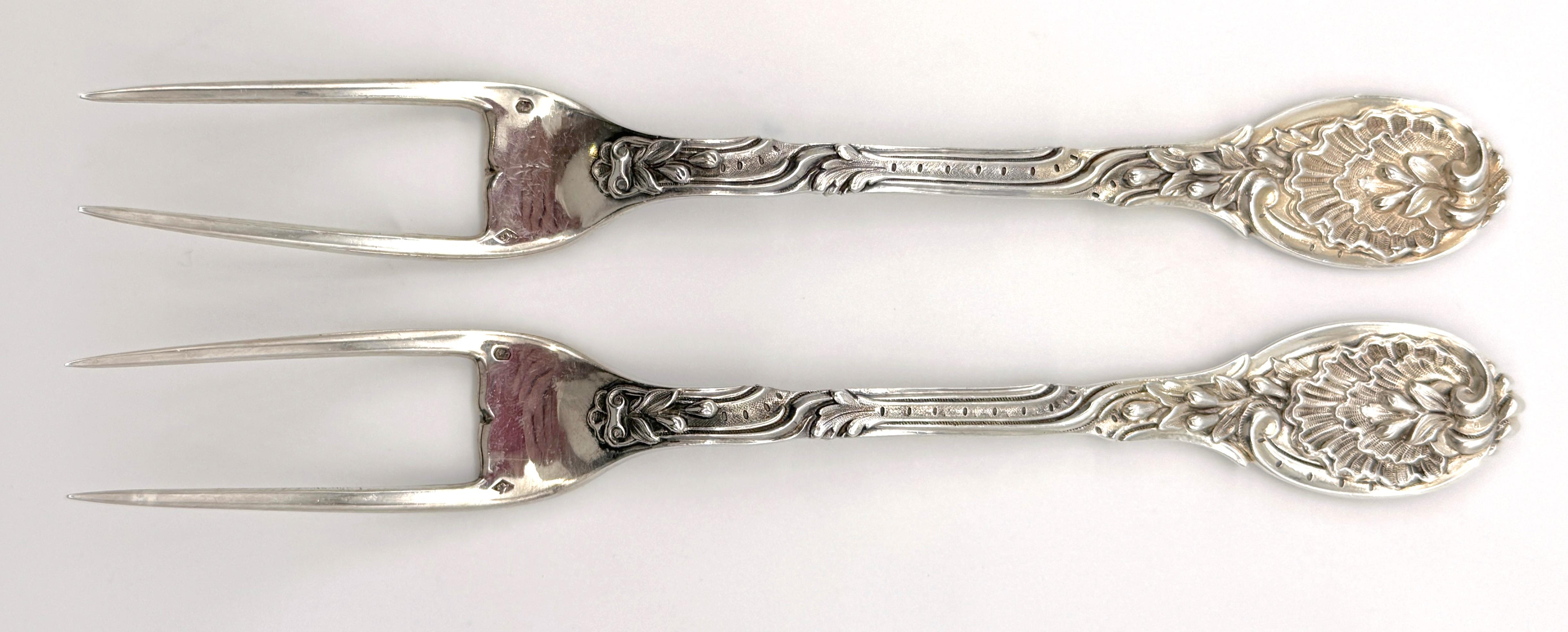 Sterling Silver Pair French Silver Odiot Serving Forks, Roasted Meat, Baked Potato, Artichokes For Sale