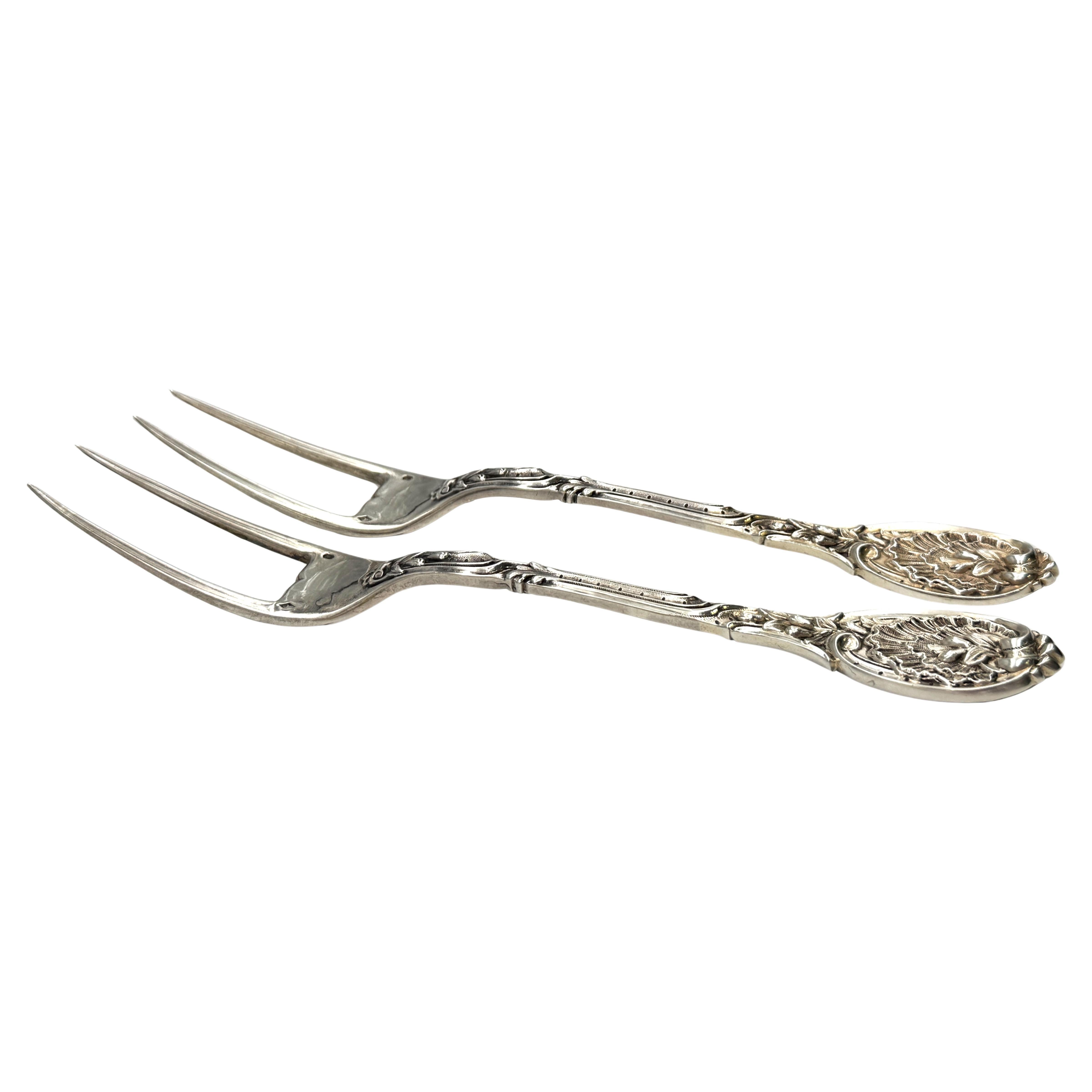 Pair French Silver Odiot Serving Forks, Roasted Meat, Baked Potato, Artichokes For Sale