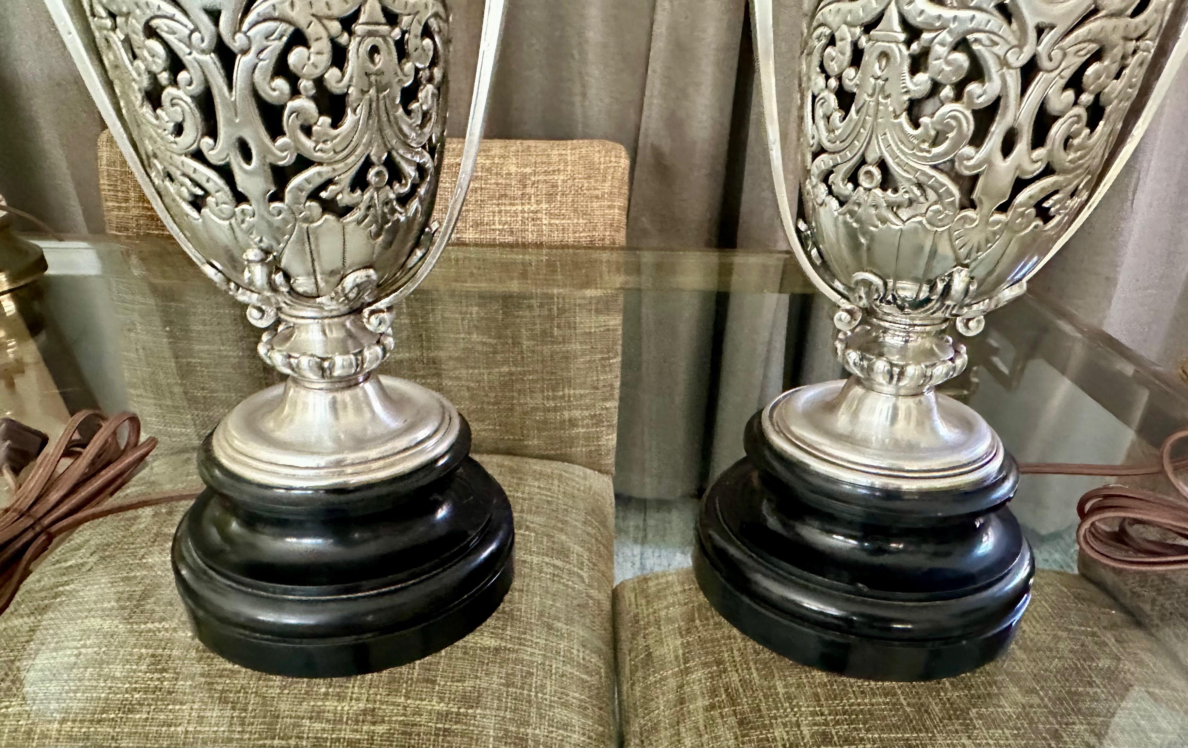 Pair French Silver Plated Neo Classic Griffin Table Lamps For Sale 6