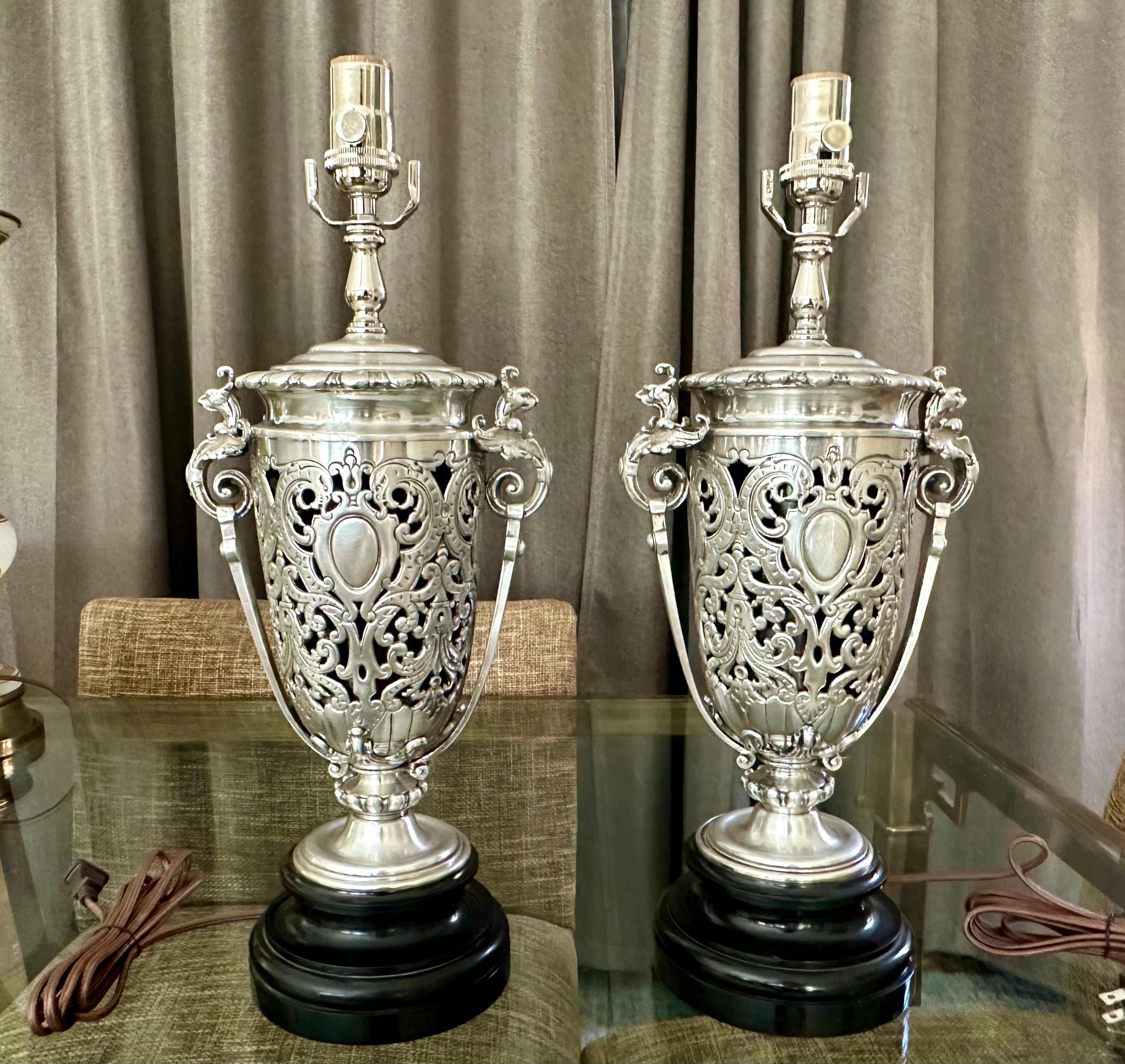 Pair French Silver Plated Neo Classic Griffin Table Lamps For Sale 15