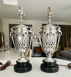 Pair French Silver Plated Neo Classic Griffin Table Lamps