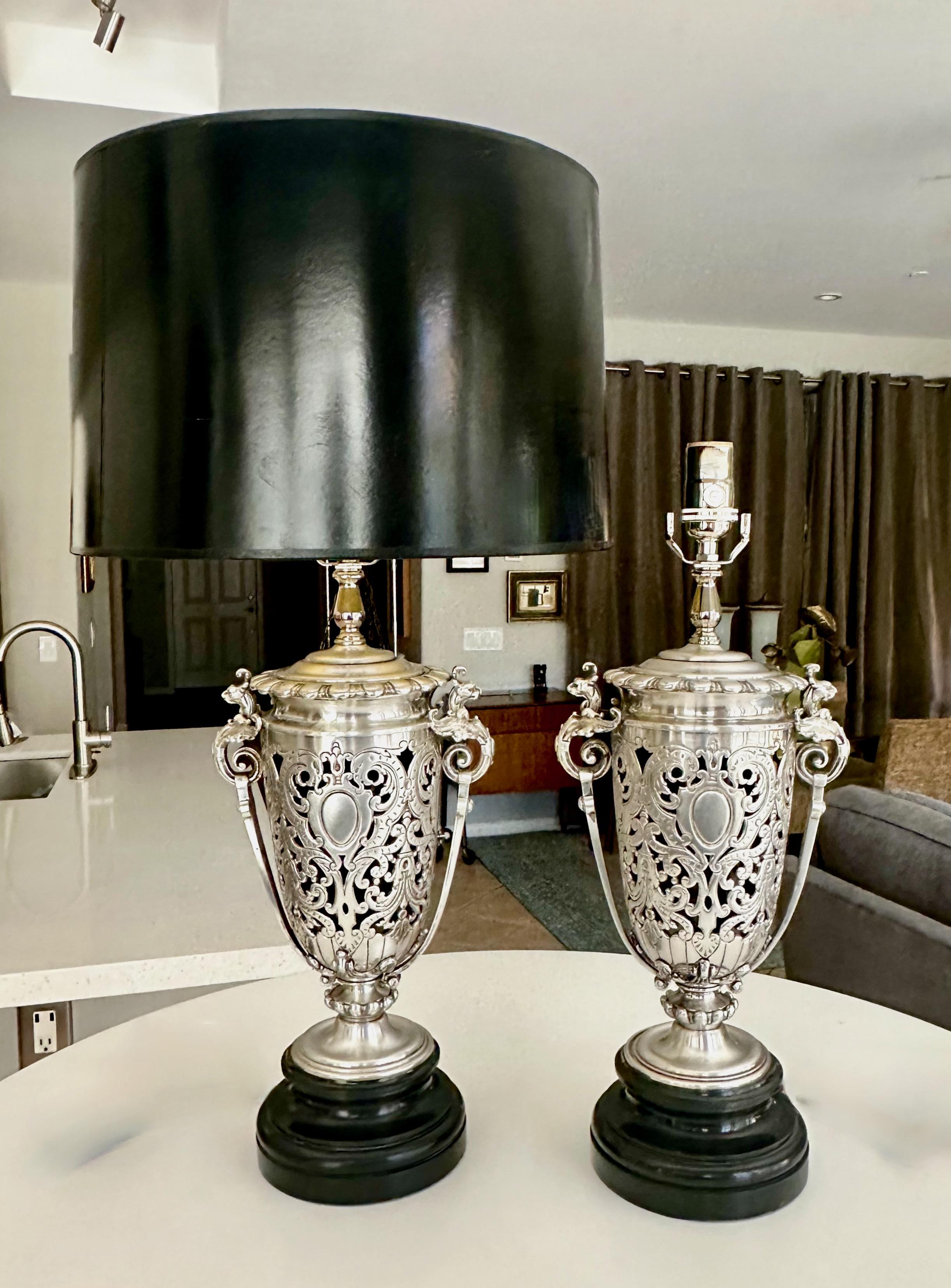 Pair French Silver Plated Neo Classic Griffin Table Lamps For Sale 16