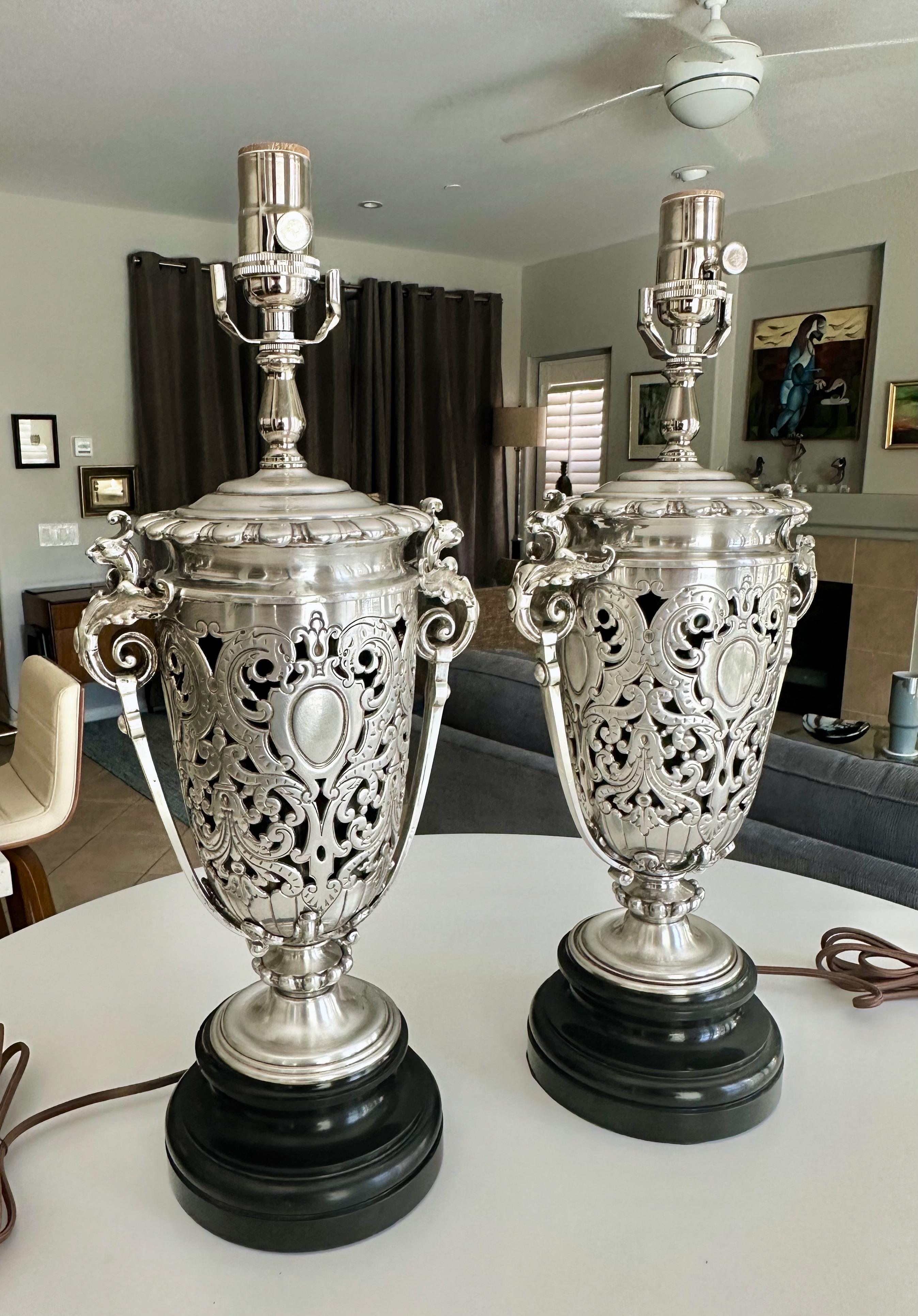 Pair French Silver Plated Neo Classic Griffin Table Lamps In Good Condition For Sale In Palm Springs, CA