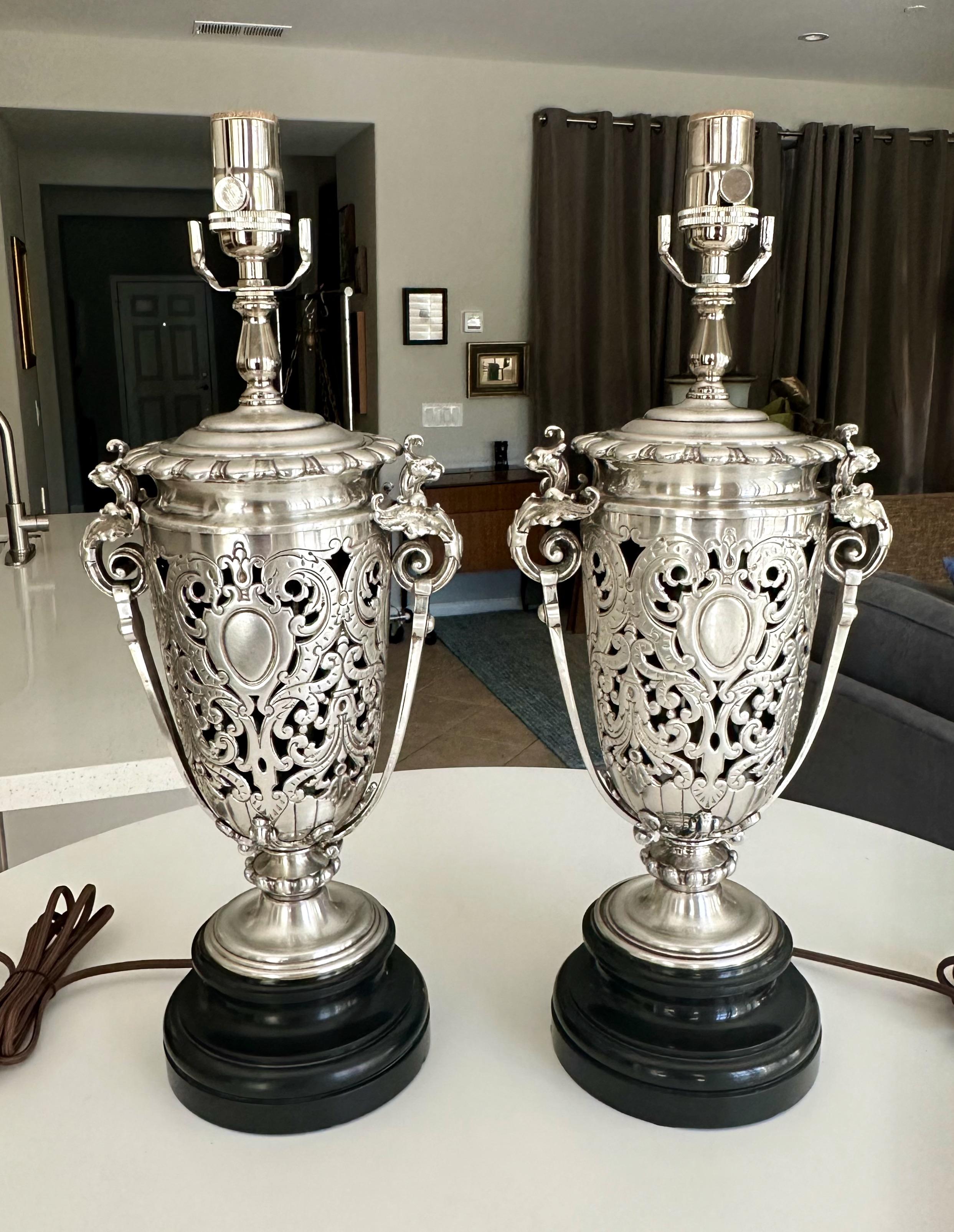 20th Century Pair French Silver Plated Neo Classic Griffin Table Lamps For Sale