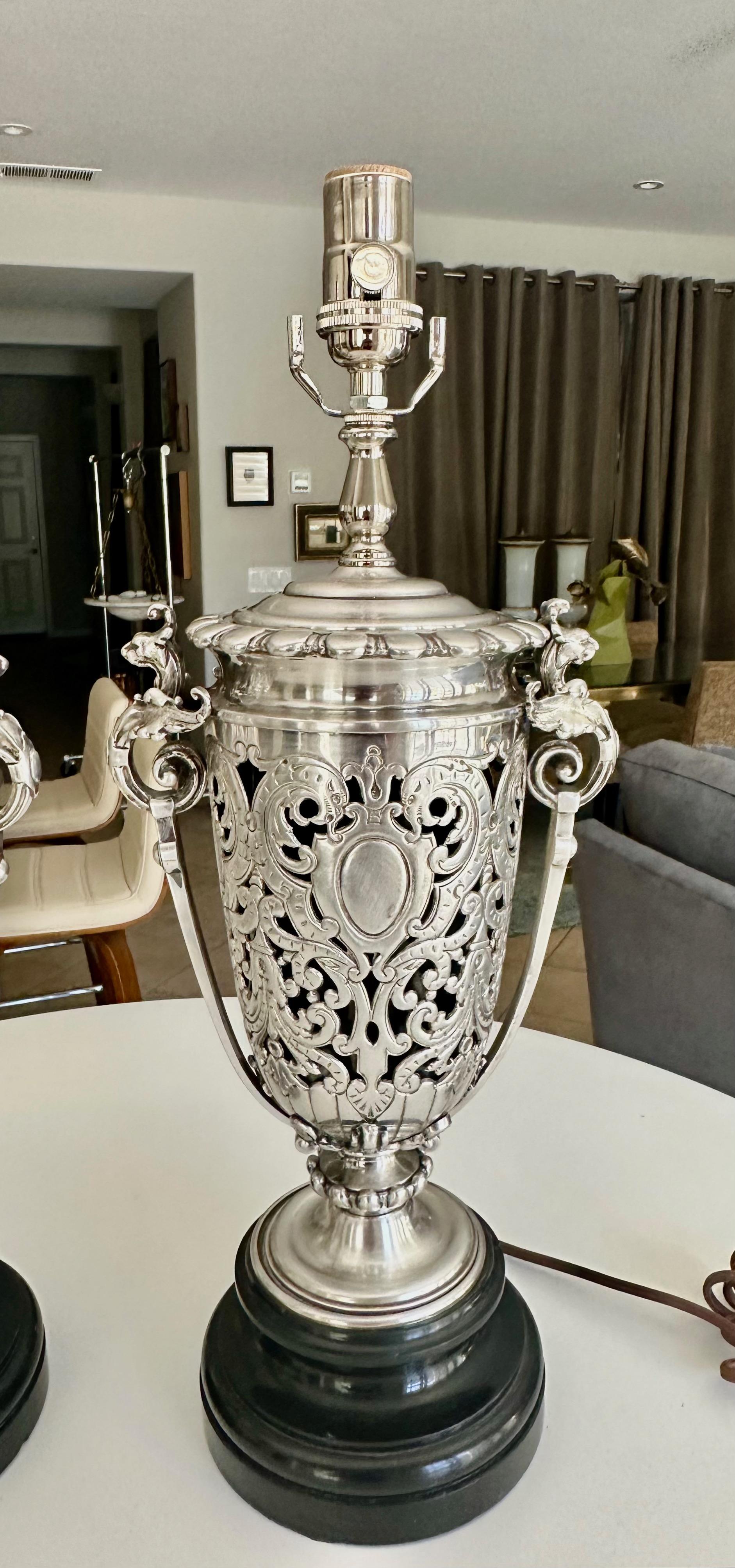 Pair French Silver Plated Neo Classic Griffin Table Lamps For Sale 1
