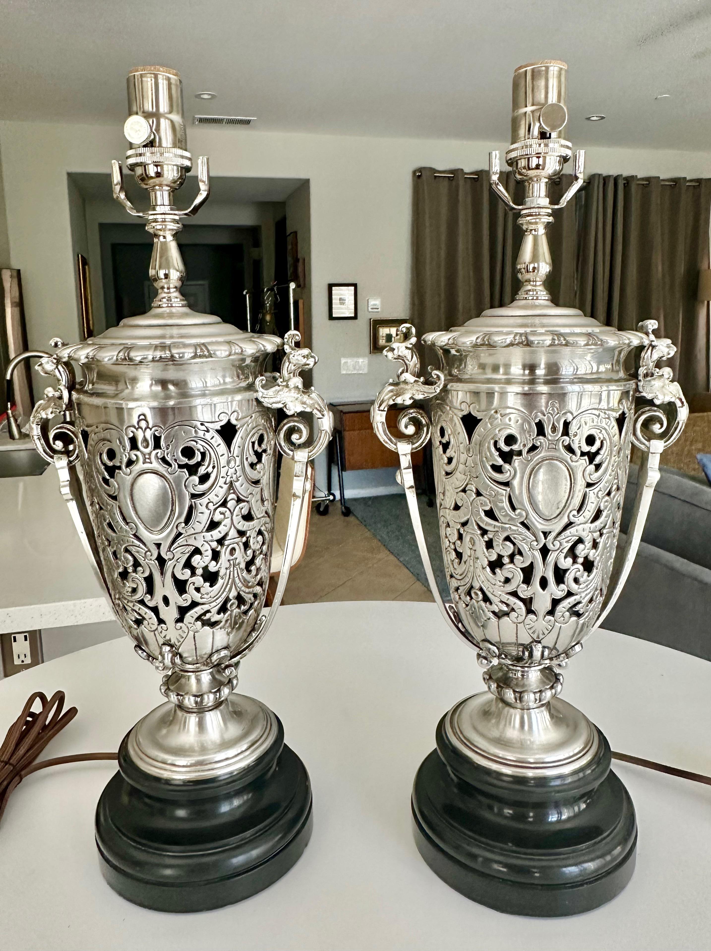 Pair French Silver Plated Neo Classic Griffin Table Lamps For Sale 2