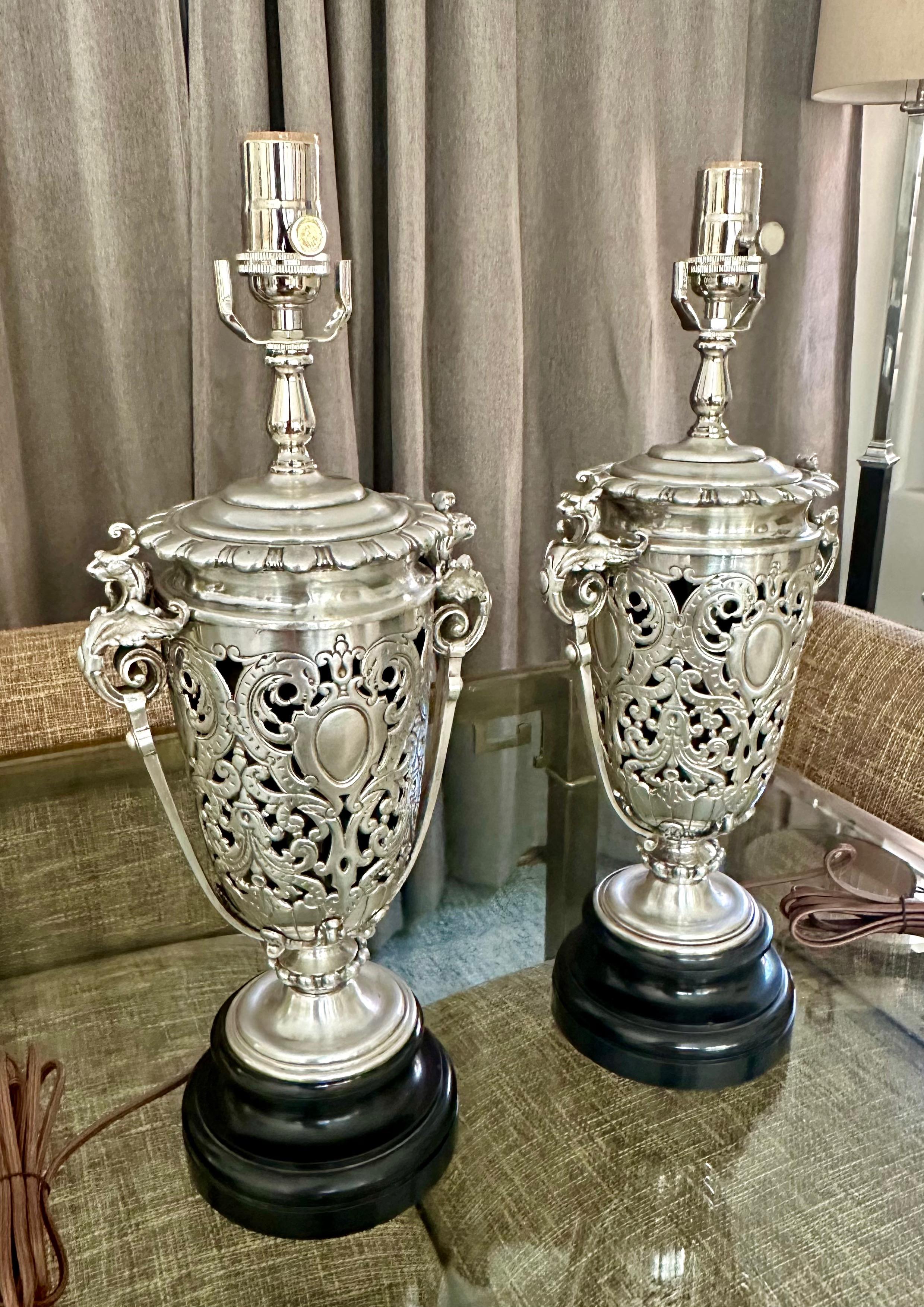 Pair French Silver Plated Neo Classic Griffin Table Lamps For Sale 3