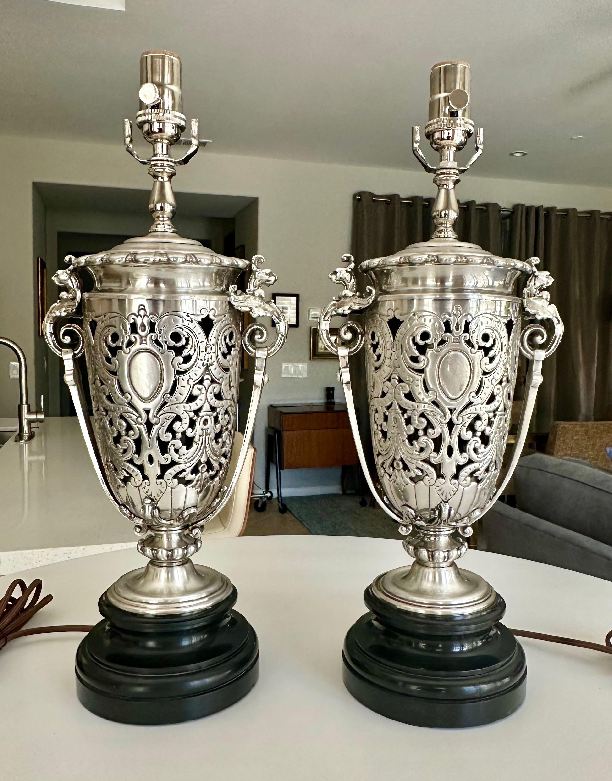 Pair French Silver Plated Neo Classic Griffin Table Lamps For Sale 4