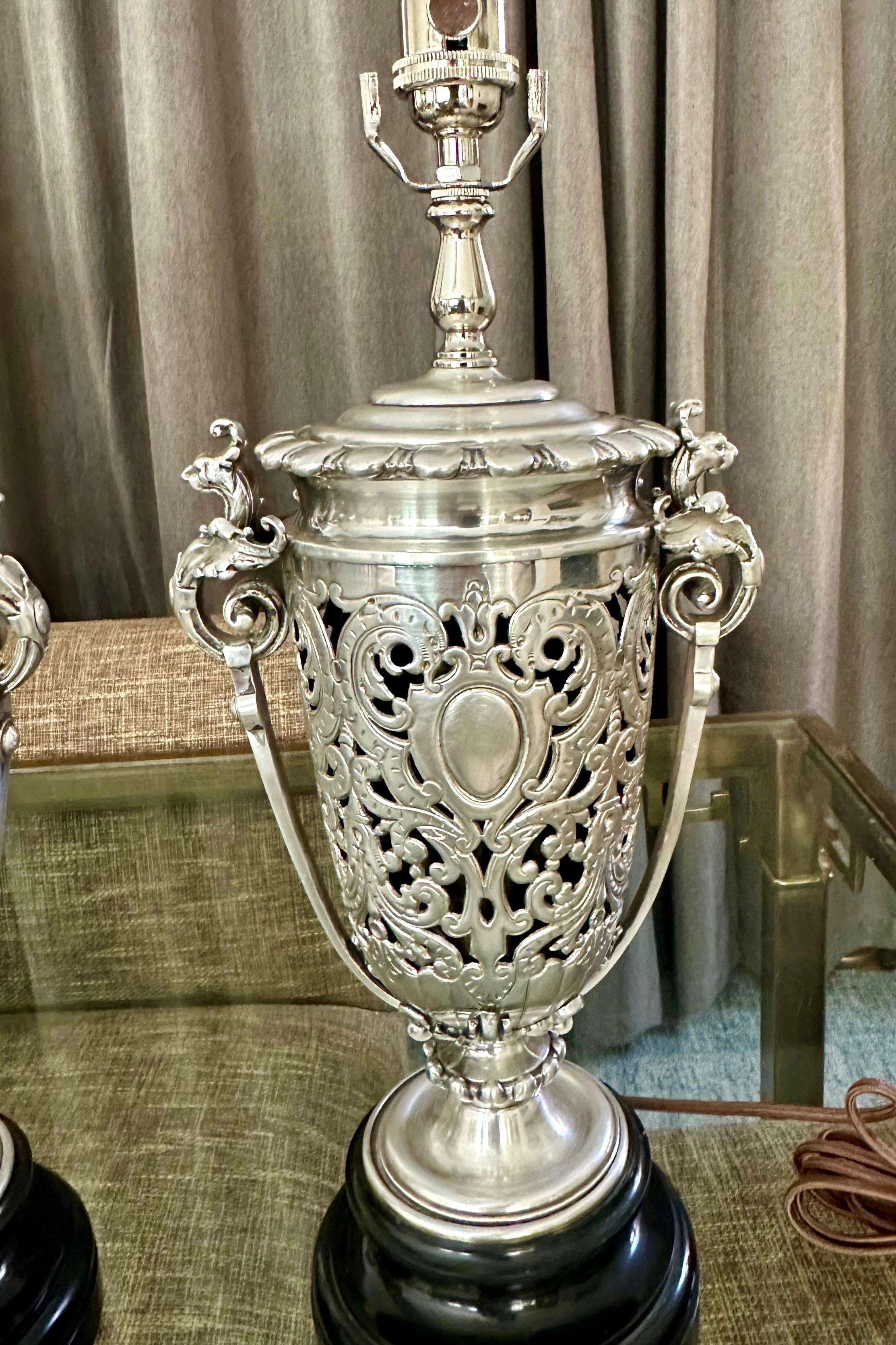 Pair French Silver Plated Neo Classic Griffin Table Lamps For Sale 5