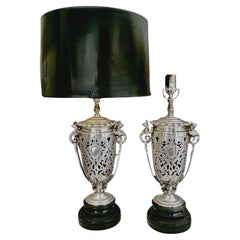 Pair French Silver Plated Neo Classic Griffin Table Lamps