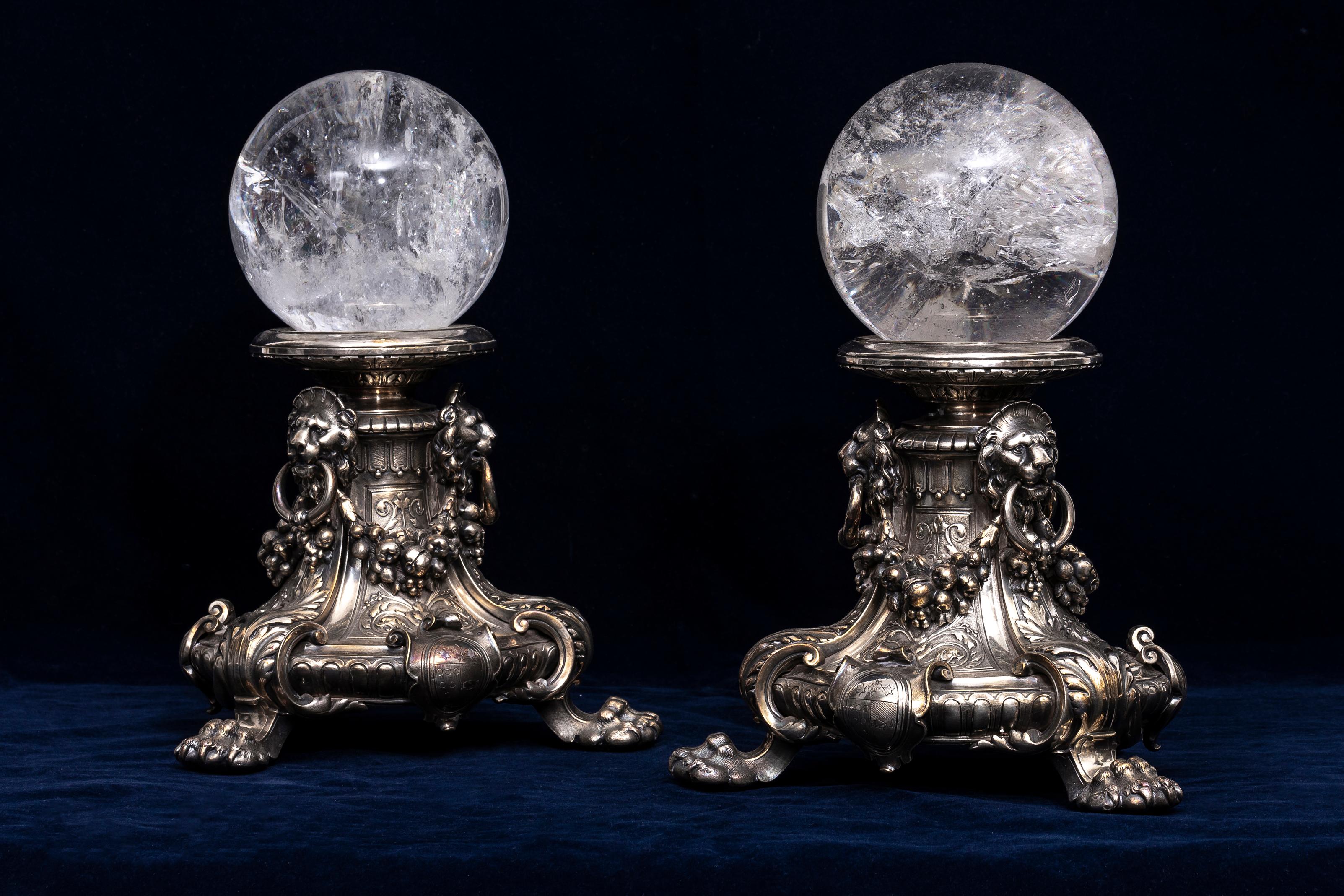 Louis XVI Pair French Silvered Bronze Lions Mask Plinths w/ Hand-Carved Rock Crystal Orbs For Sale