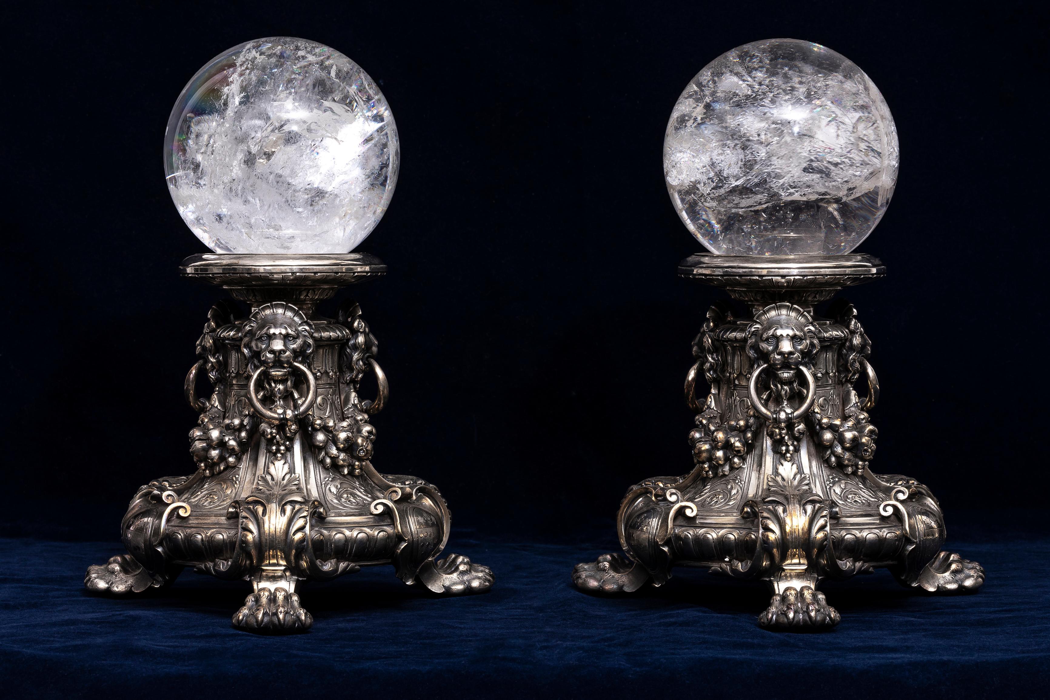 Pair French Silvered Bronze Lions Mask Plinths w/ Hand-Carved Rock Crystal Orbs In Good Condition For Sale In New York, NY